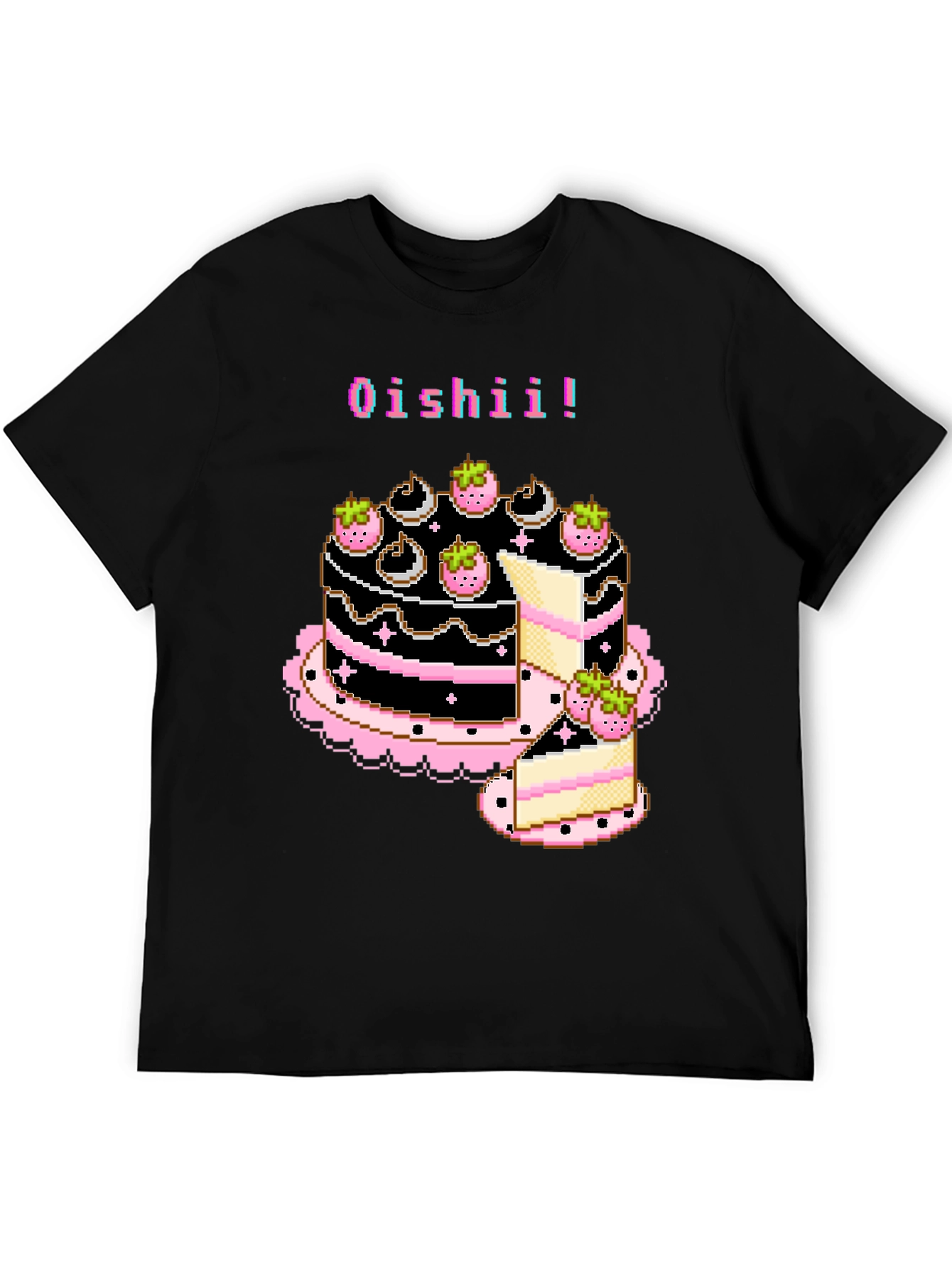 Black Pixel Art Oishii Cake T-Shirt view 5