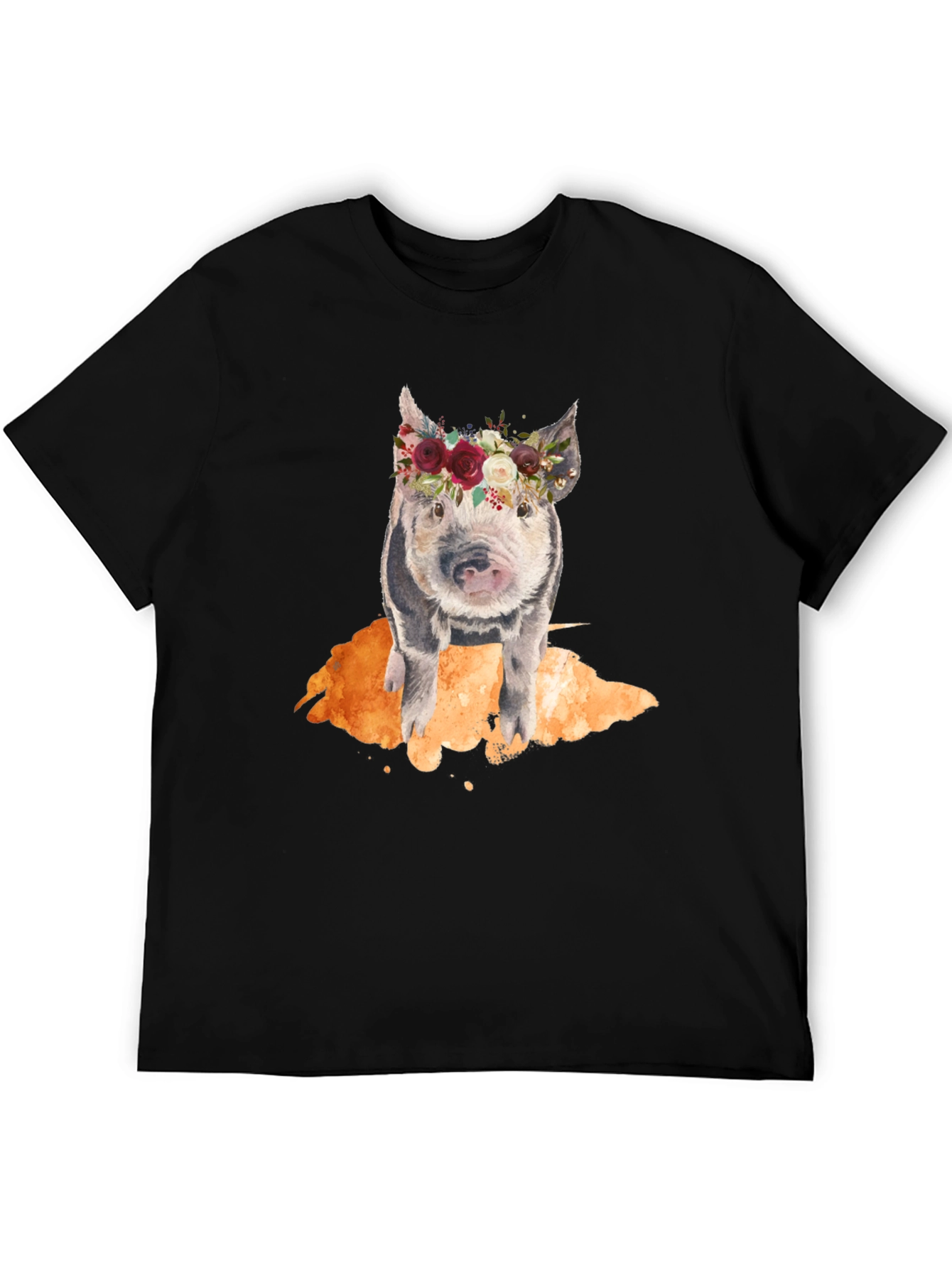 Black Floral Crown Pig Black T-Shirt view 5