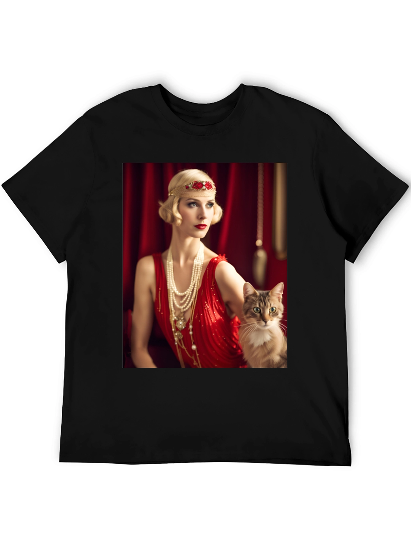 Black Retro Glam T-Shirt: Woman & Cat view 5