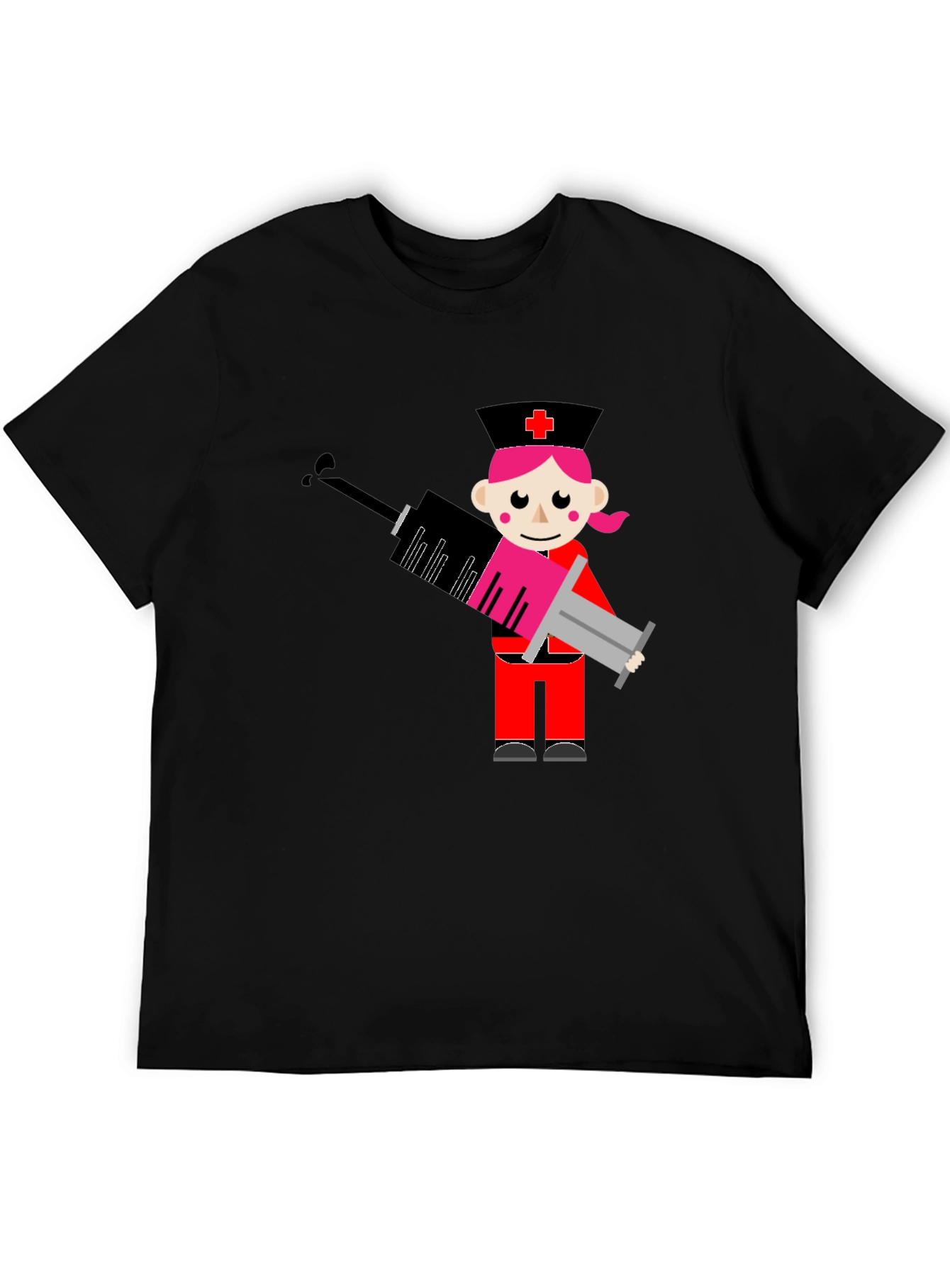 Black Cartoon Nurse Syringe Graphic T-Shirt - Black Cotton Tee view 5