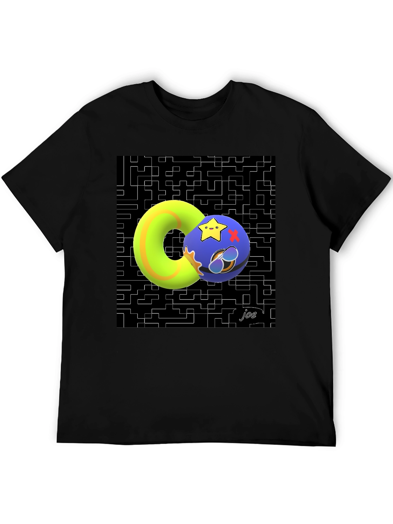 Black Geometric Graphic Tee - Funky Donut and Star Ball Design view 5