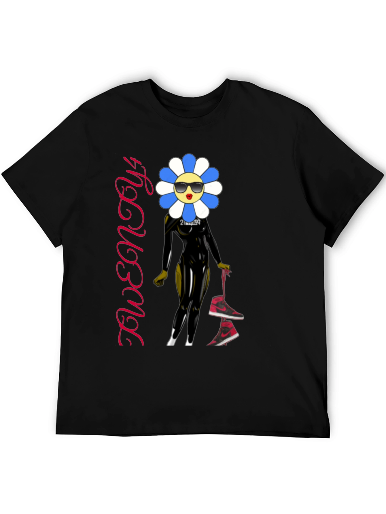 Black Trendy Flower Character Graphic Black T-Shirt view 5