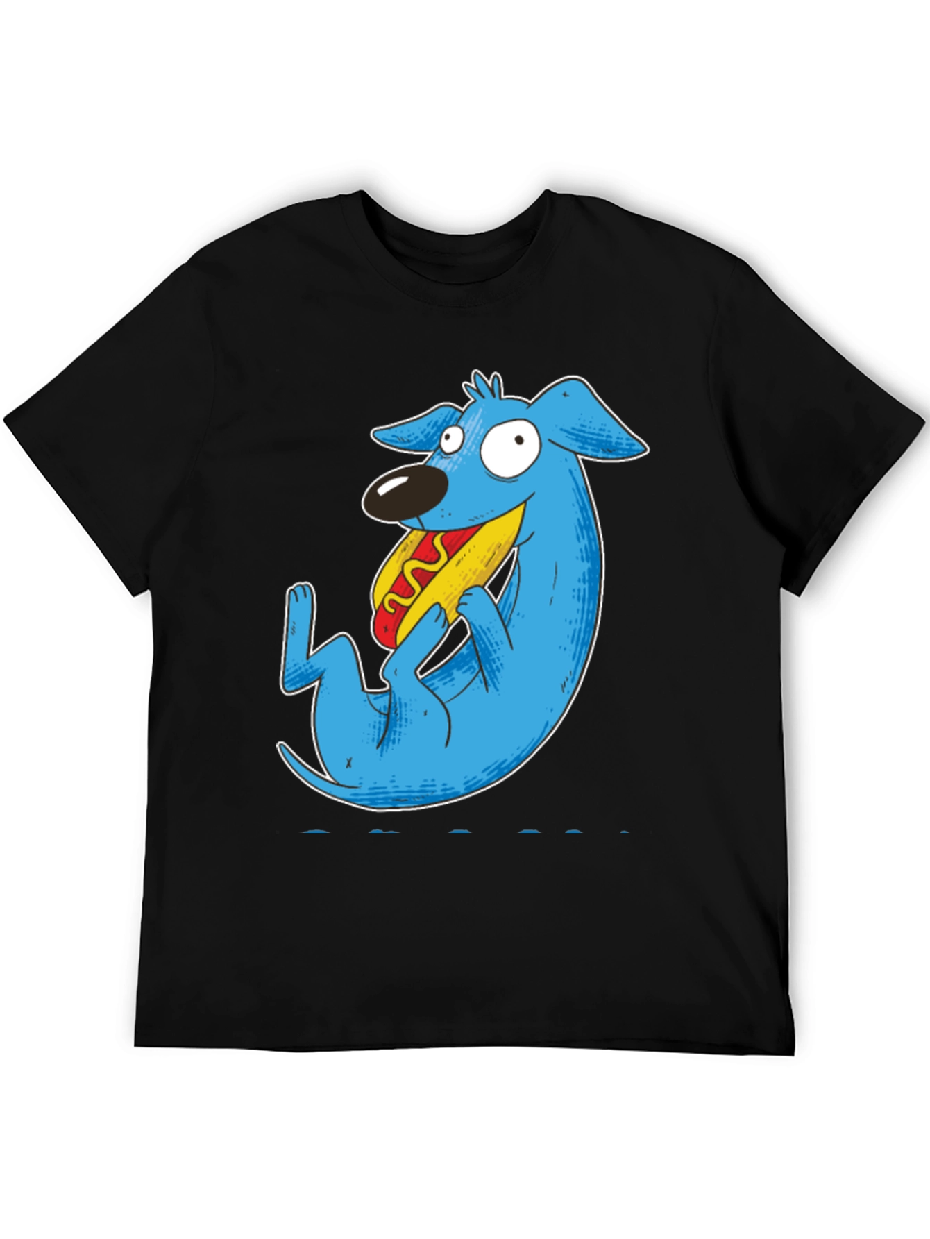 Black Cartoon Blue Dog Eating Hotdog Black T-Shirt view 5