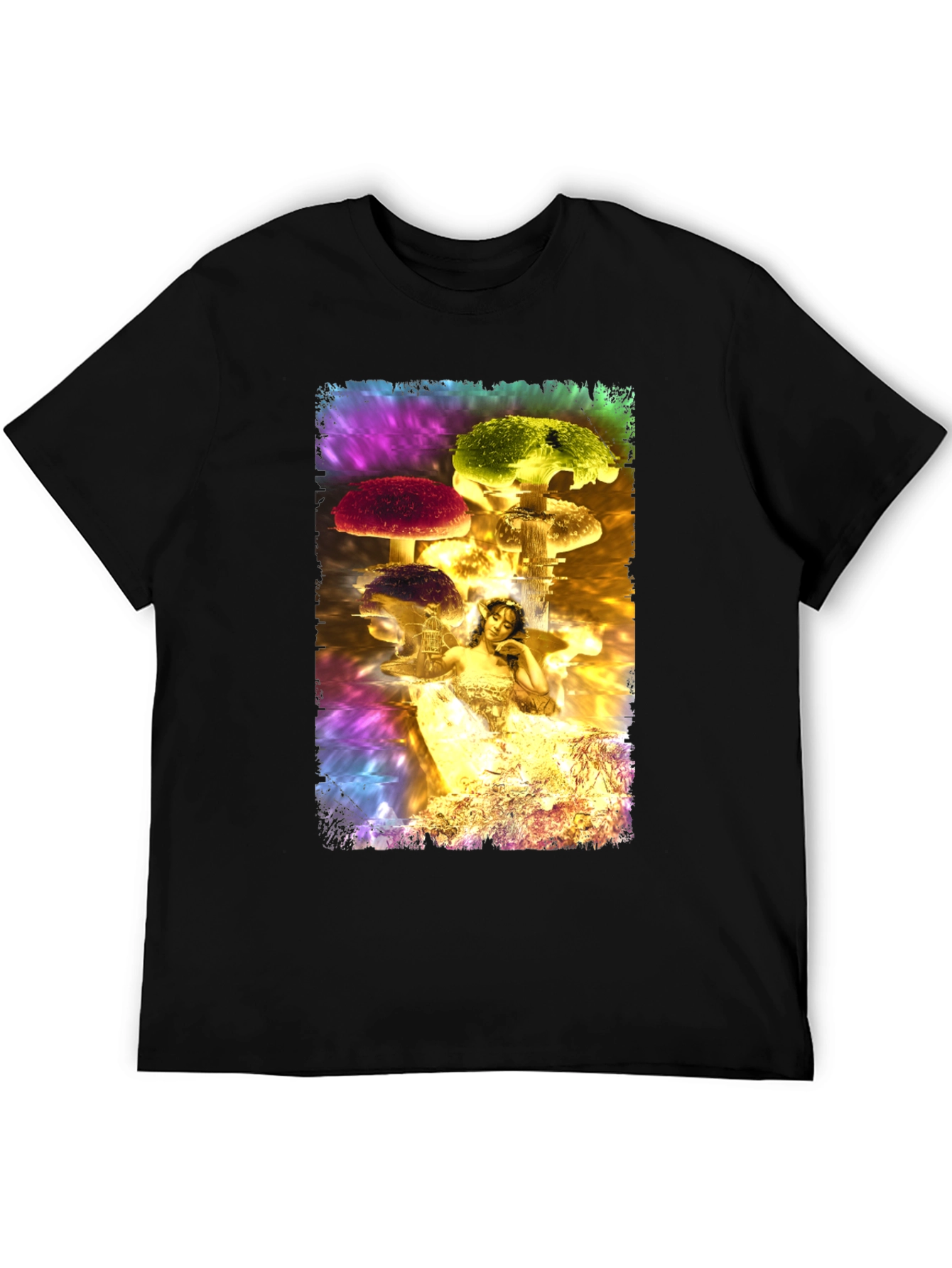 Black Fantasy Mushroom Fairy Graphic T-Shirt view 5