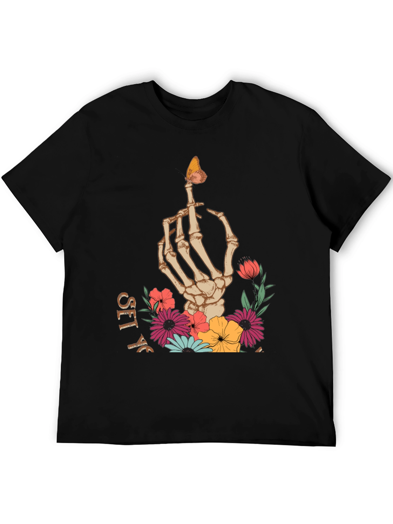 Black Floral Skeleton Hand Graphic Tee - Men's Black T-Shirt view 5