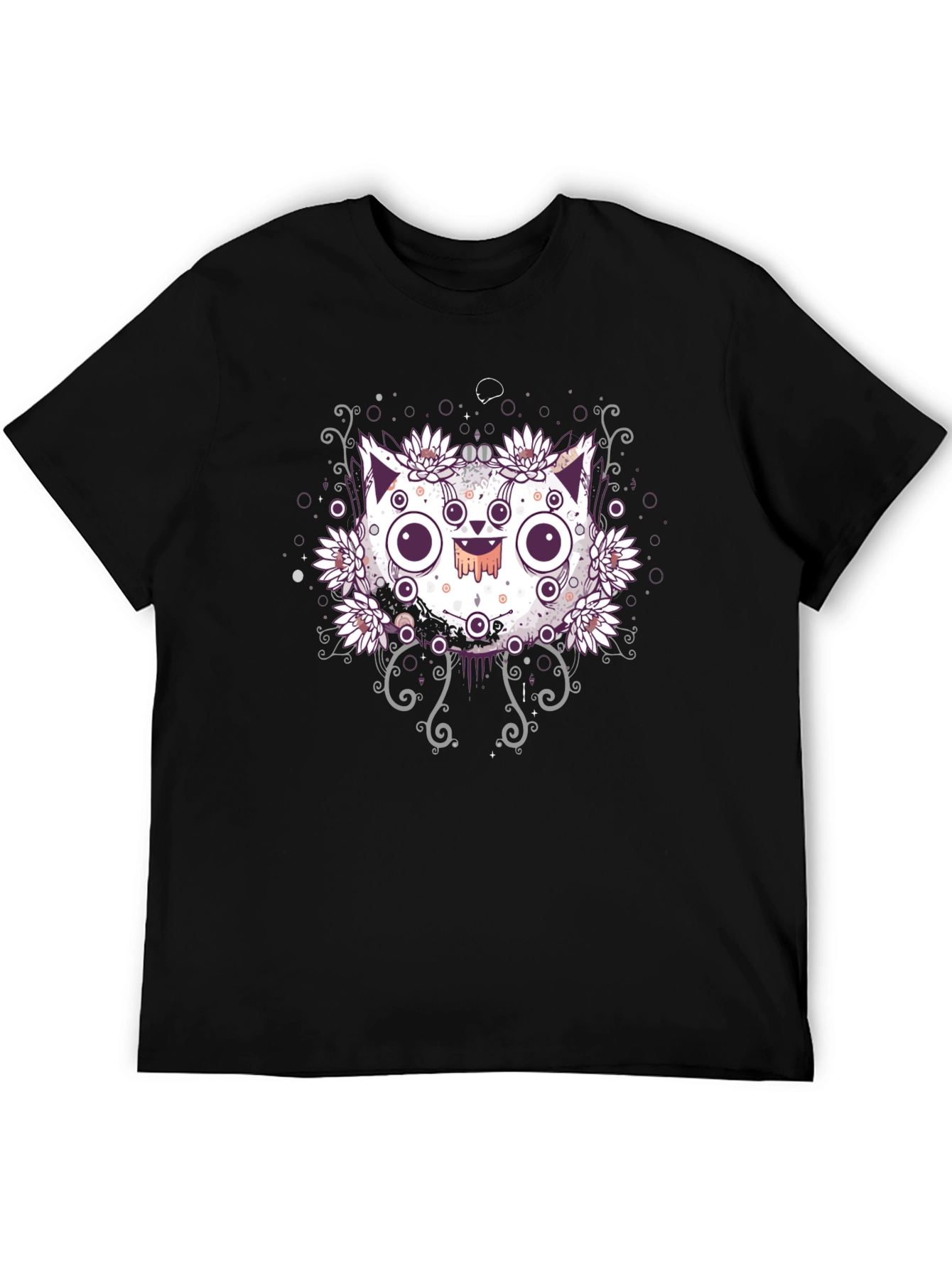 Black Mystical Cat T-Shirt - Floral Design Black Tee view 5