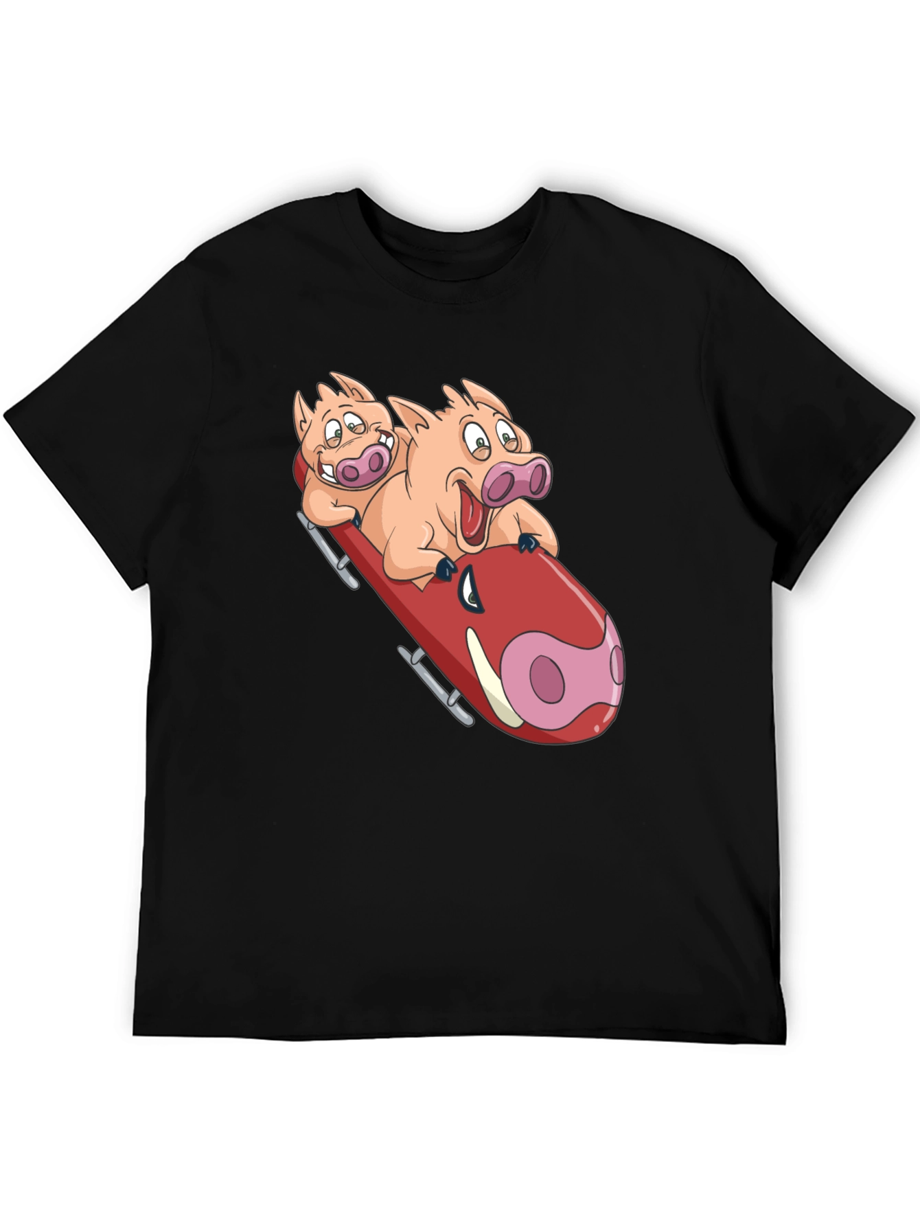Black Funny Pigs Bobsledding Graphic T-Shirt view 5