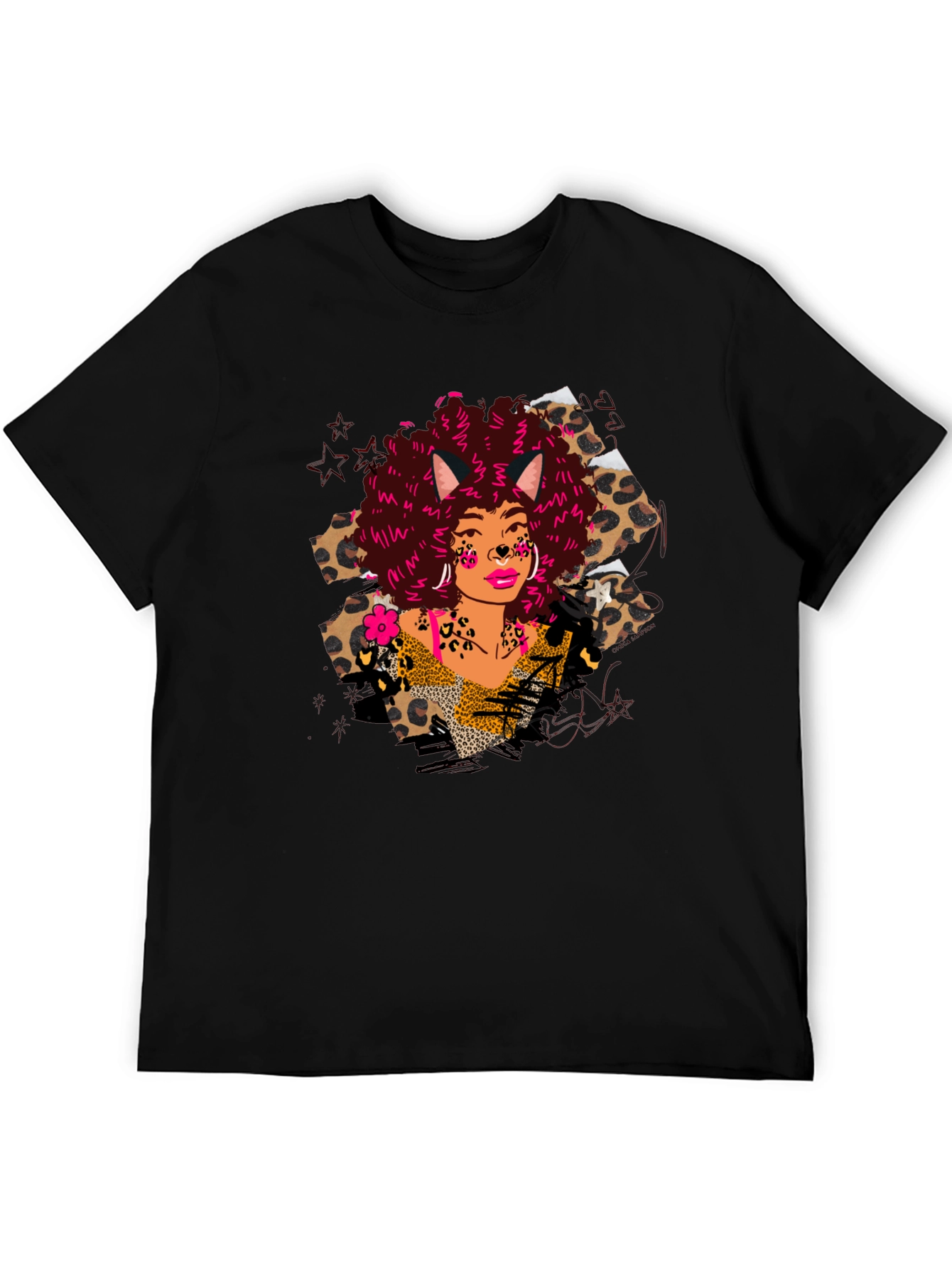 Black Leopard Print T-Shirt with Afro Cat Lady Design view 5