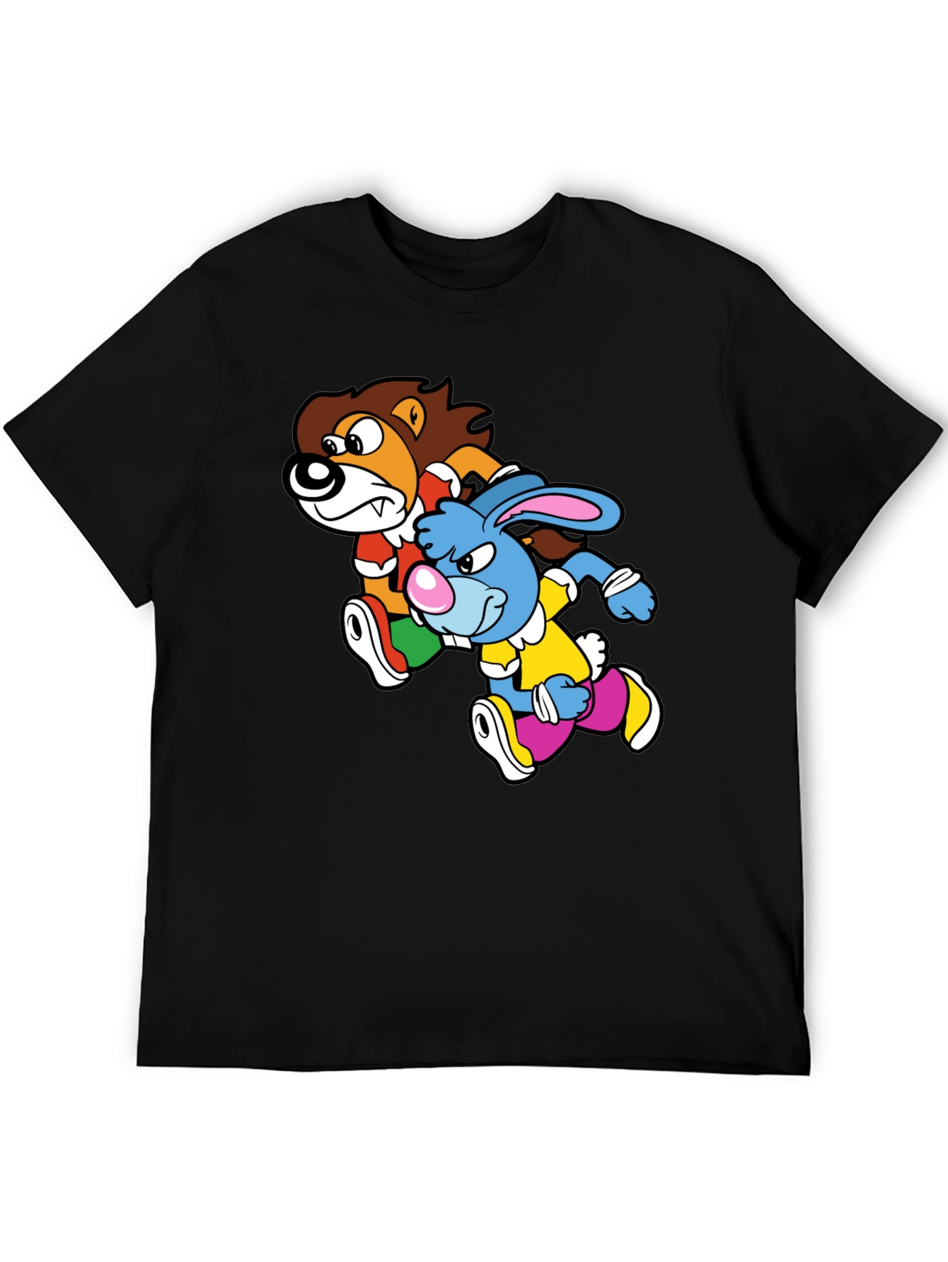 Black Lion and Rabbit Cartoon Graphic Black T-Shirt view 5
