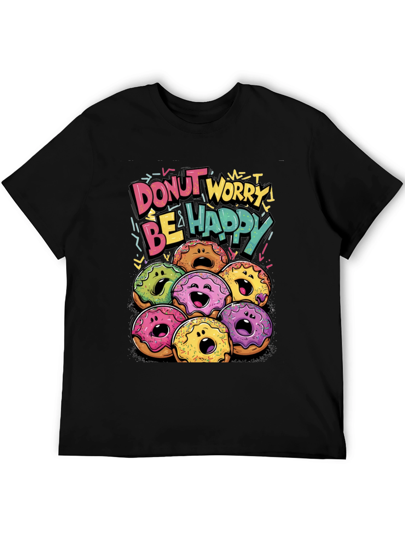 Black Donut Worry Be Happy Graphic T-Shirt view 5