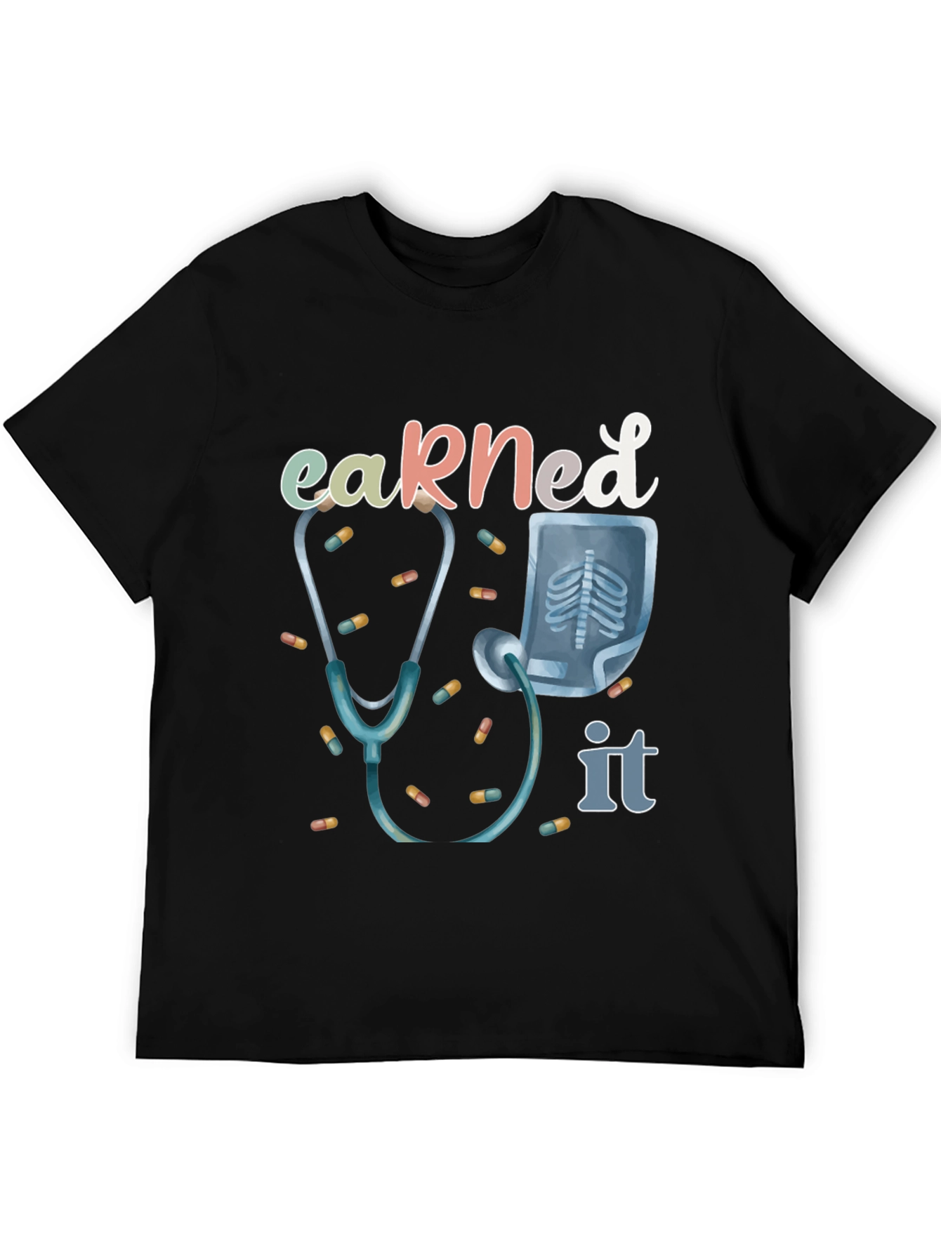 Black Earned It Doctor T-Shirt - Stethoscope & X-Ray Graphic view 5