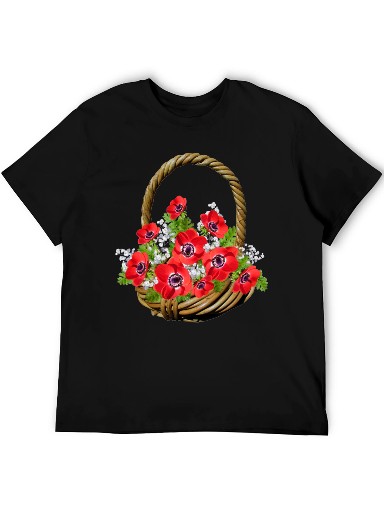 Floral Basket T-Shirt: Red Anemones on Black Cotton Tee - 5