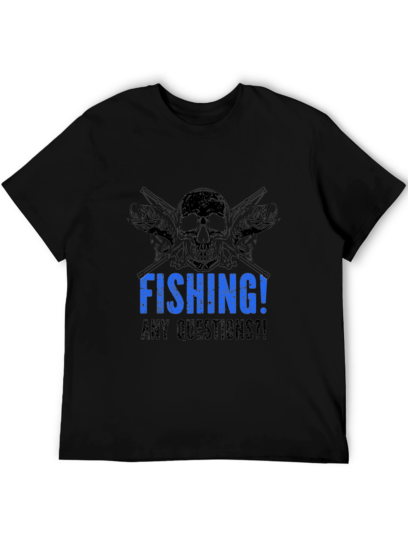 Black Fishing Skull Graphic Tee - Any Questions?! Black Cotton T-Shirt view 5