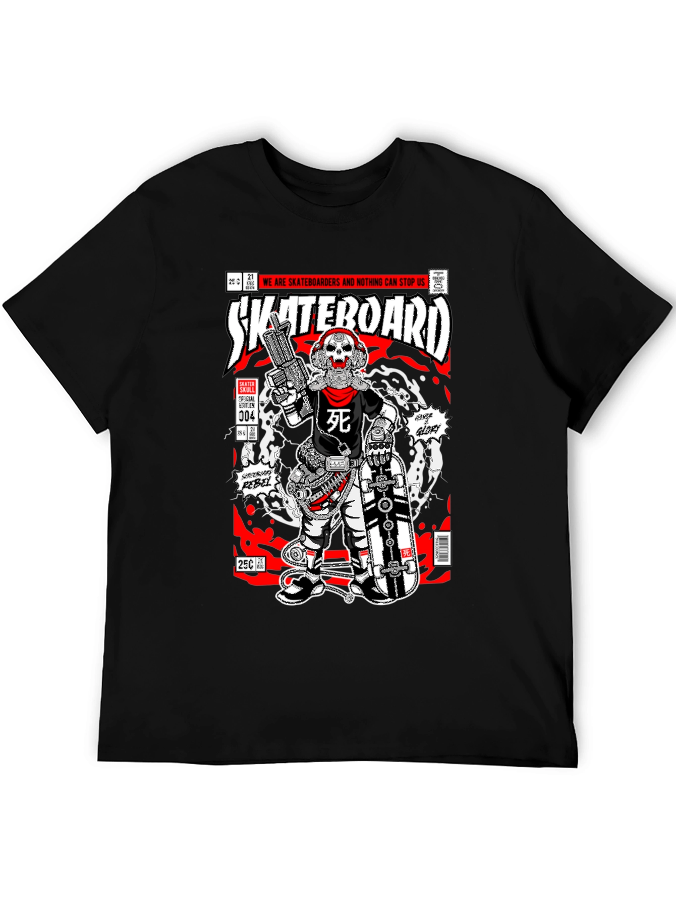 Black Skateboarder Skull Comic Graphic T-Shirt view 5
