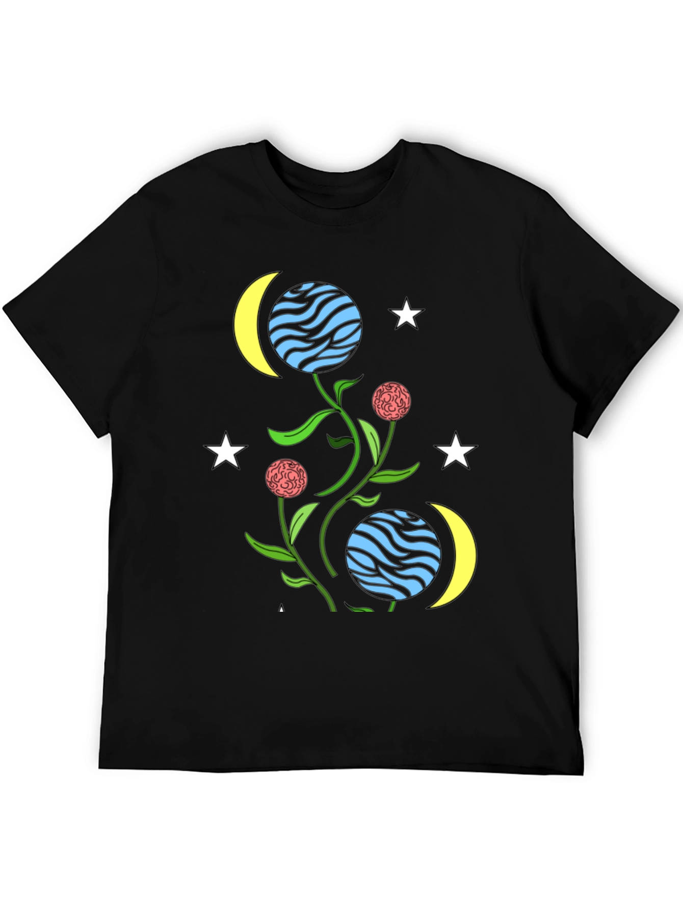 Black Cosmic Floral T-Shirt - Stars, Moons, & Planets Design view 5