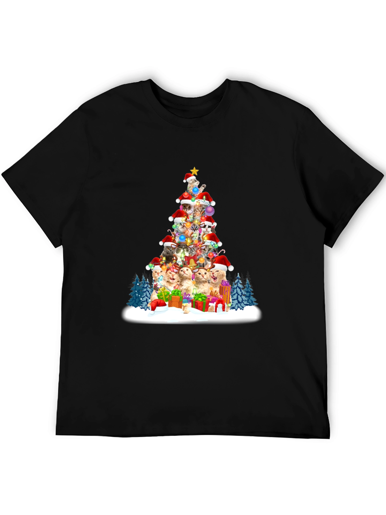 Black Festive Cat Christmas Tree T-Shirt view 5
