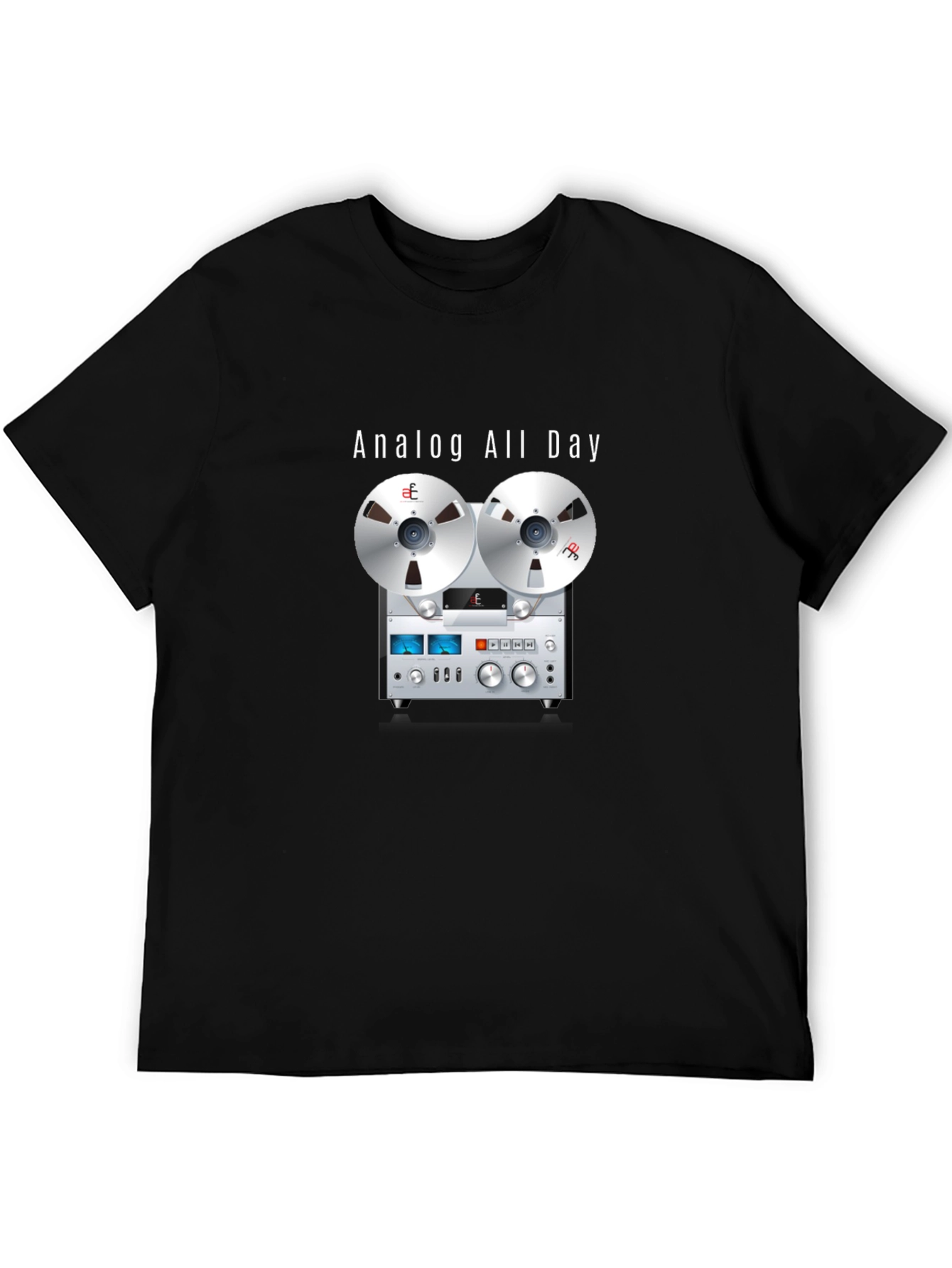 Black Analog All Day T-Shirt: Retro Reel-to-Reel Design view 5