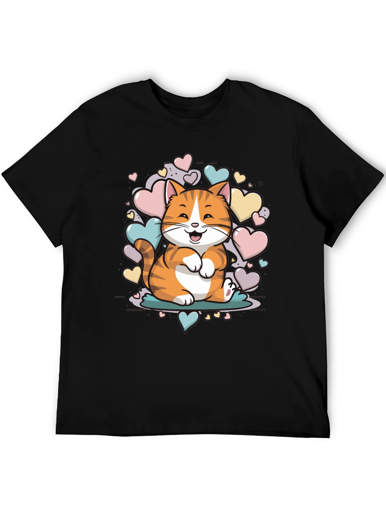 Black Cute Cat with Hearts Graphic Tee - Unisex Black T-Shirt view 5