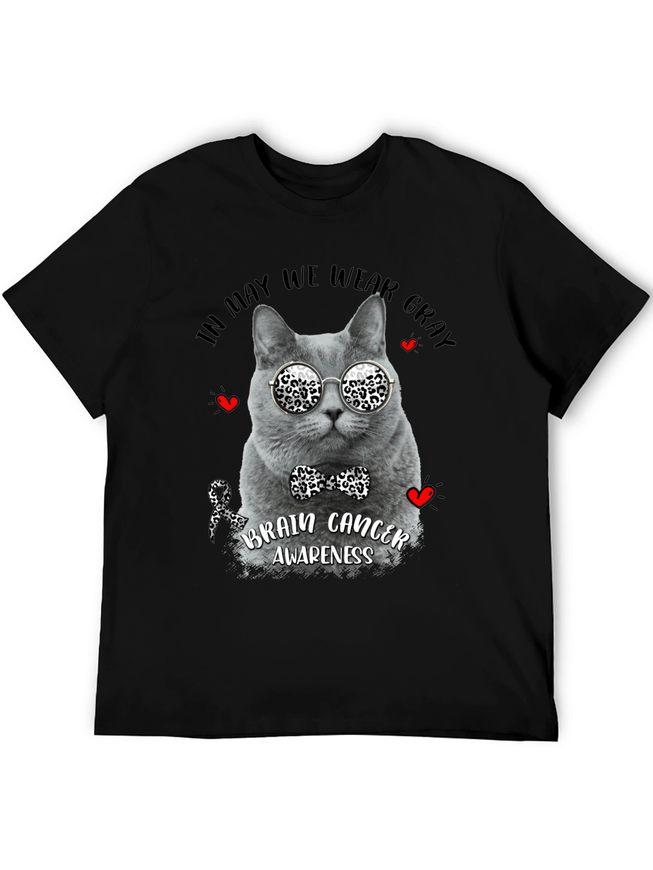 Black Gray Cat Brain Cancer Awareness T-Shirt view 5