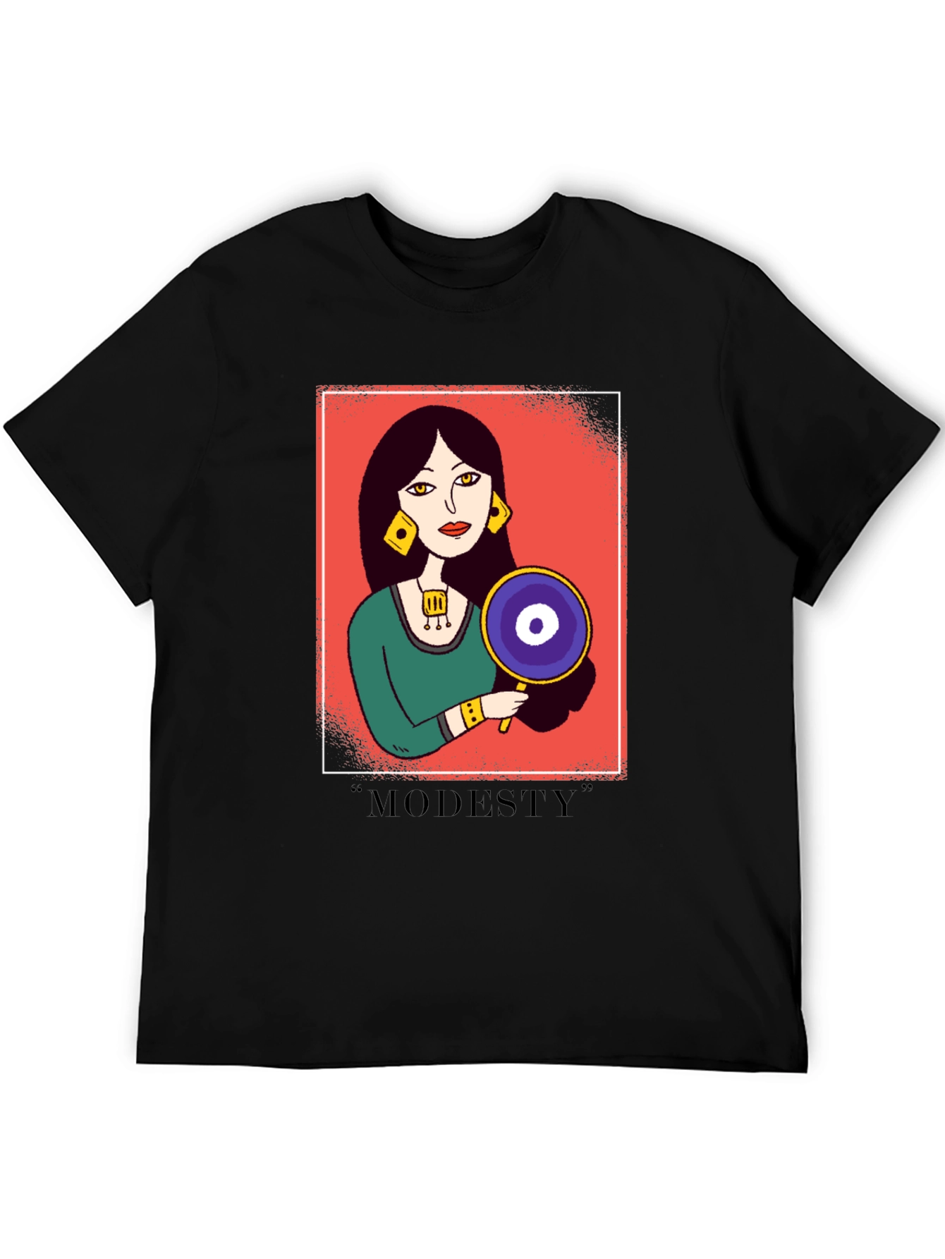 Black Graphic T-Shirt with "Modesty" Design view 5