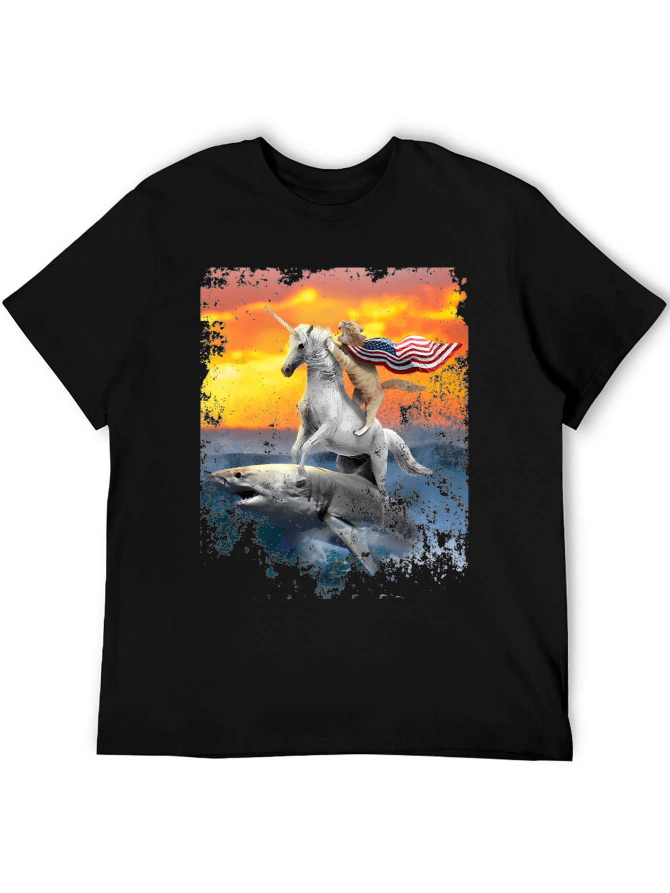 Black Cat Riding Unicorn on Shark T-Shirt view 5