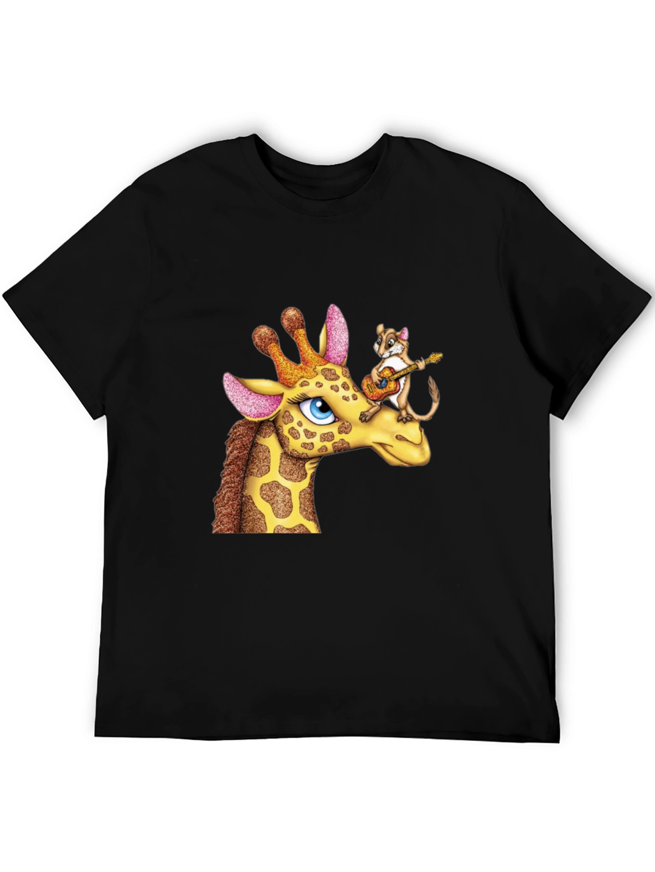 Black Giraffe & Squirrel Cartoon Graphic Black T-Shirt view 5