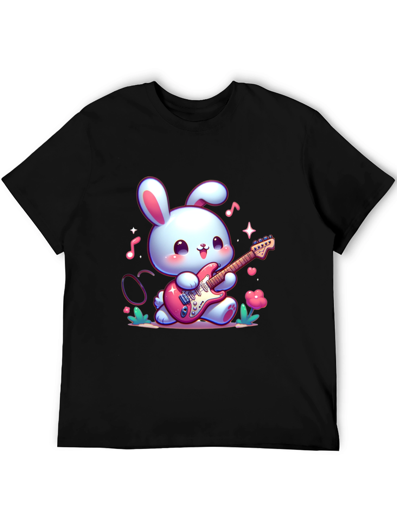 Black Cute Bunny Guitarist Black T-Shirt view 5