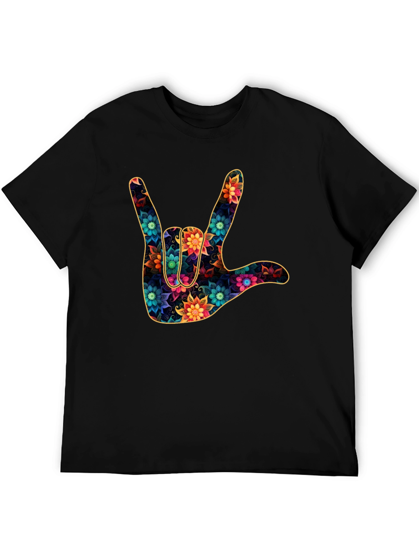 Black Floral "I Love You" Hand Sign Black T-Shirt view 5