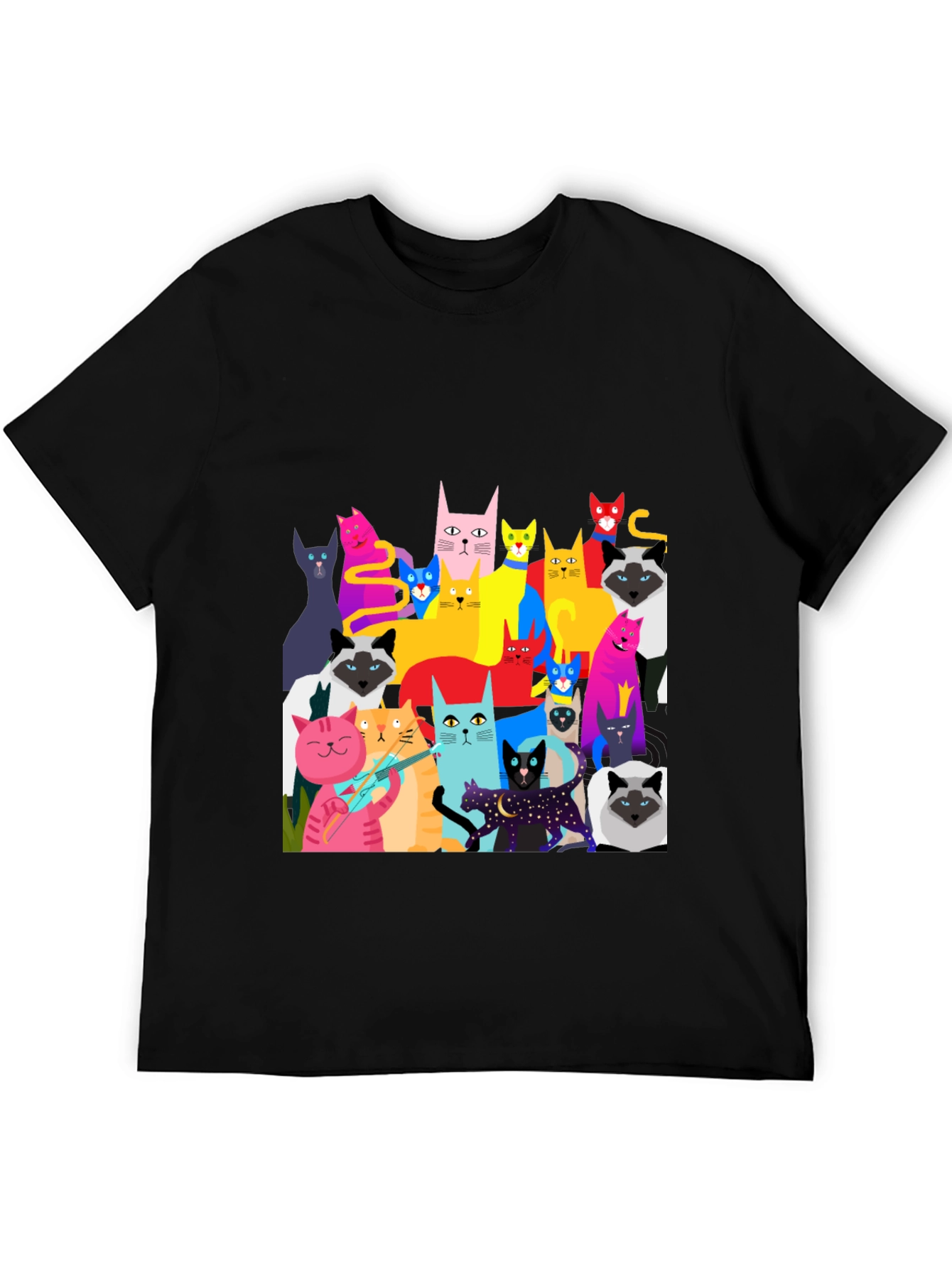 Black Colorful Cat Graphic Tee - Unique Fun Design view 5