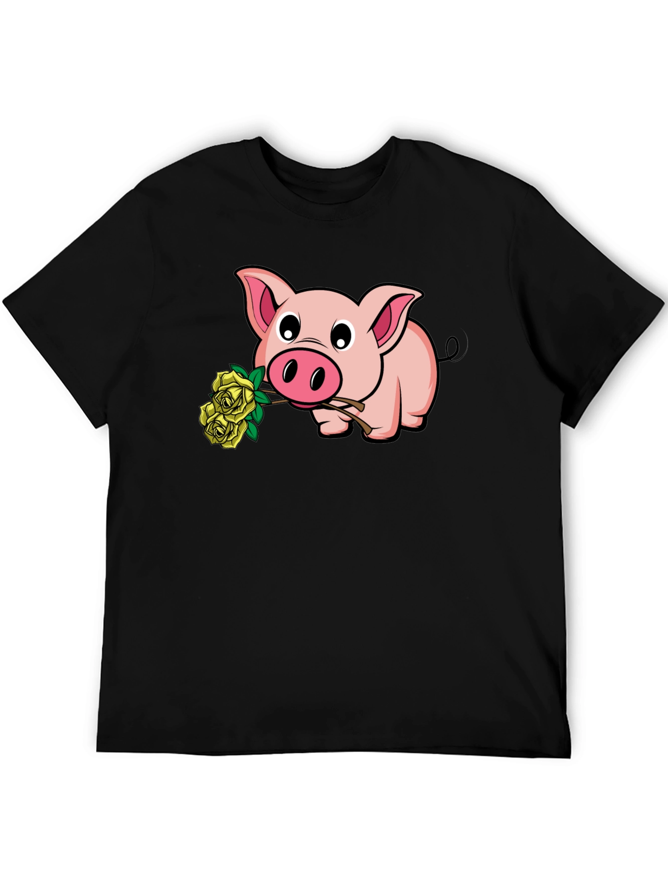 Black Pig Holding Yellow Roses Graphic T-Shirt view 5