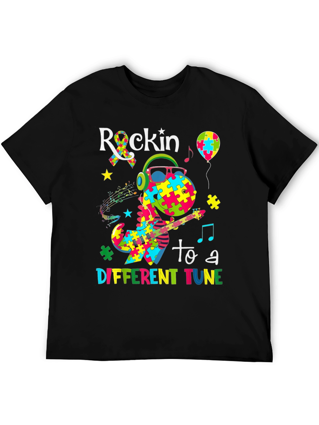 Black Rockin' to a Different Tune Autism Awareness T-Shirt view 5
