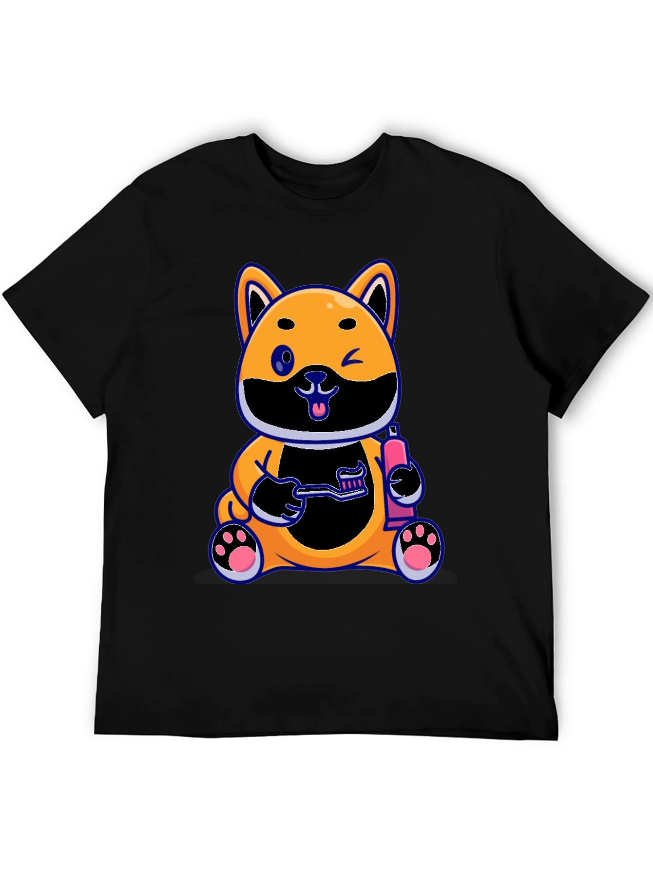 Black Cute Dog with Toothbrush Graphic Black T-Shirt view 5