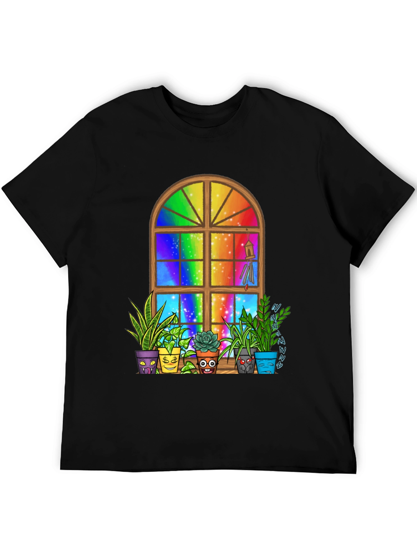 Black Rainbow Window Potted Plants Graphic Tee view 5