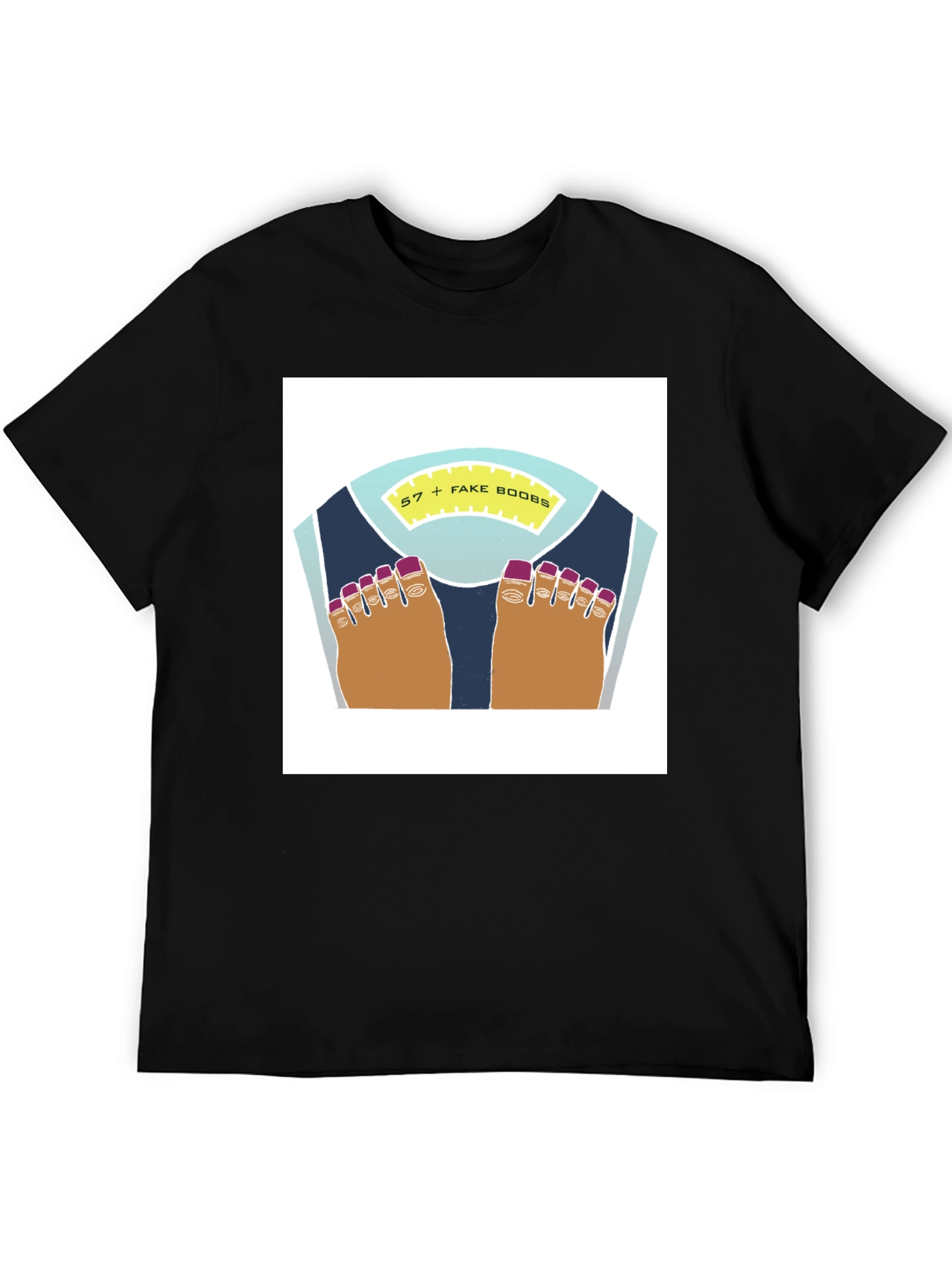 Black Funny Weight Scale Tee - 57 + Fake Boobs Humor T-Shirt view 5