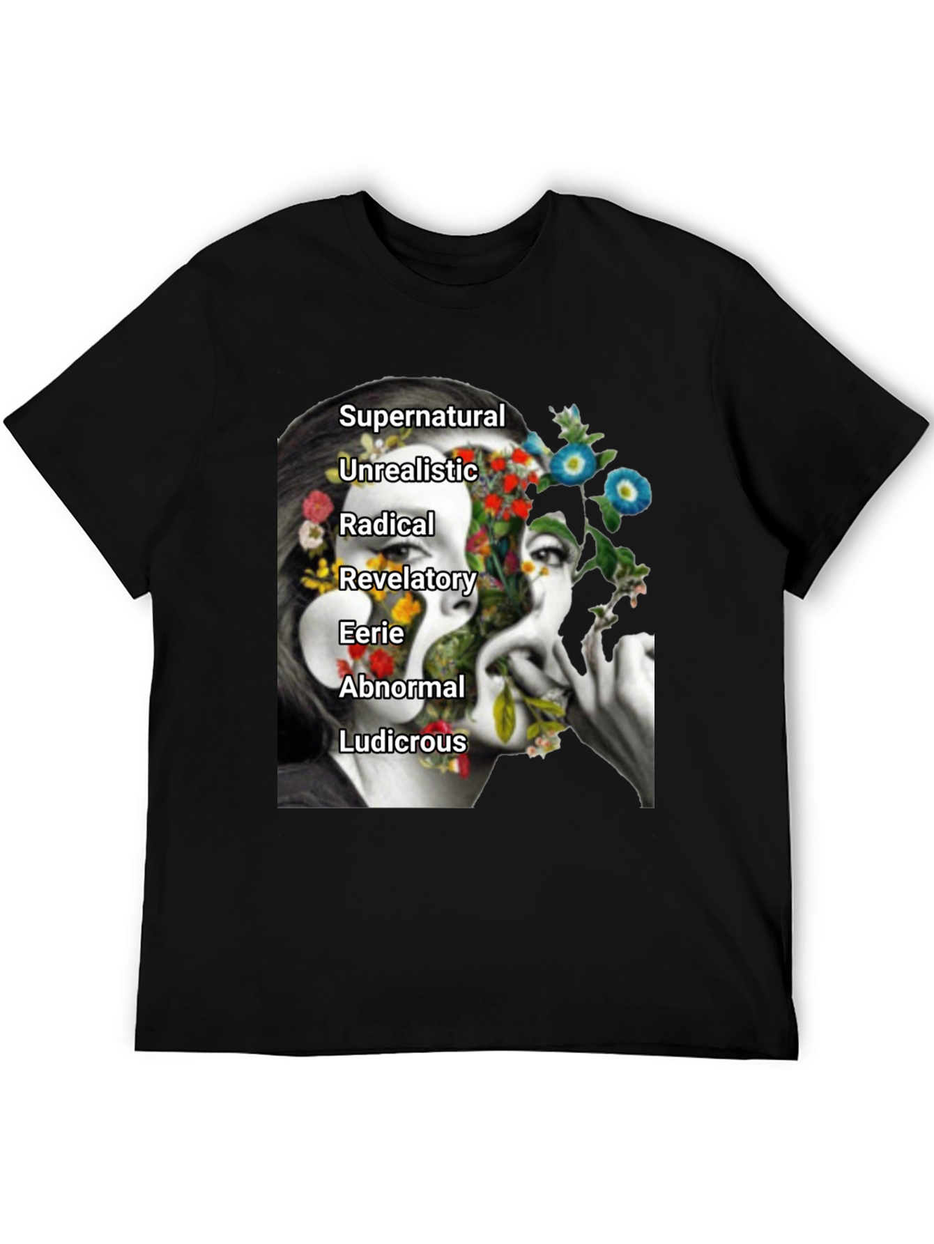 Black Surreal Floral Woman's Face Graphic Tee view 5