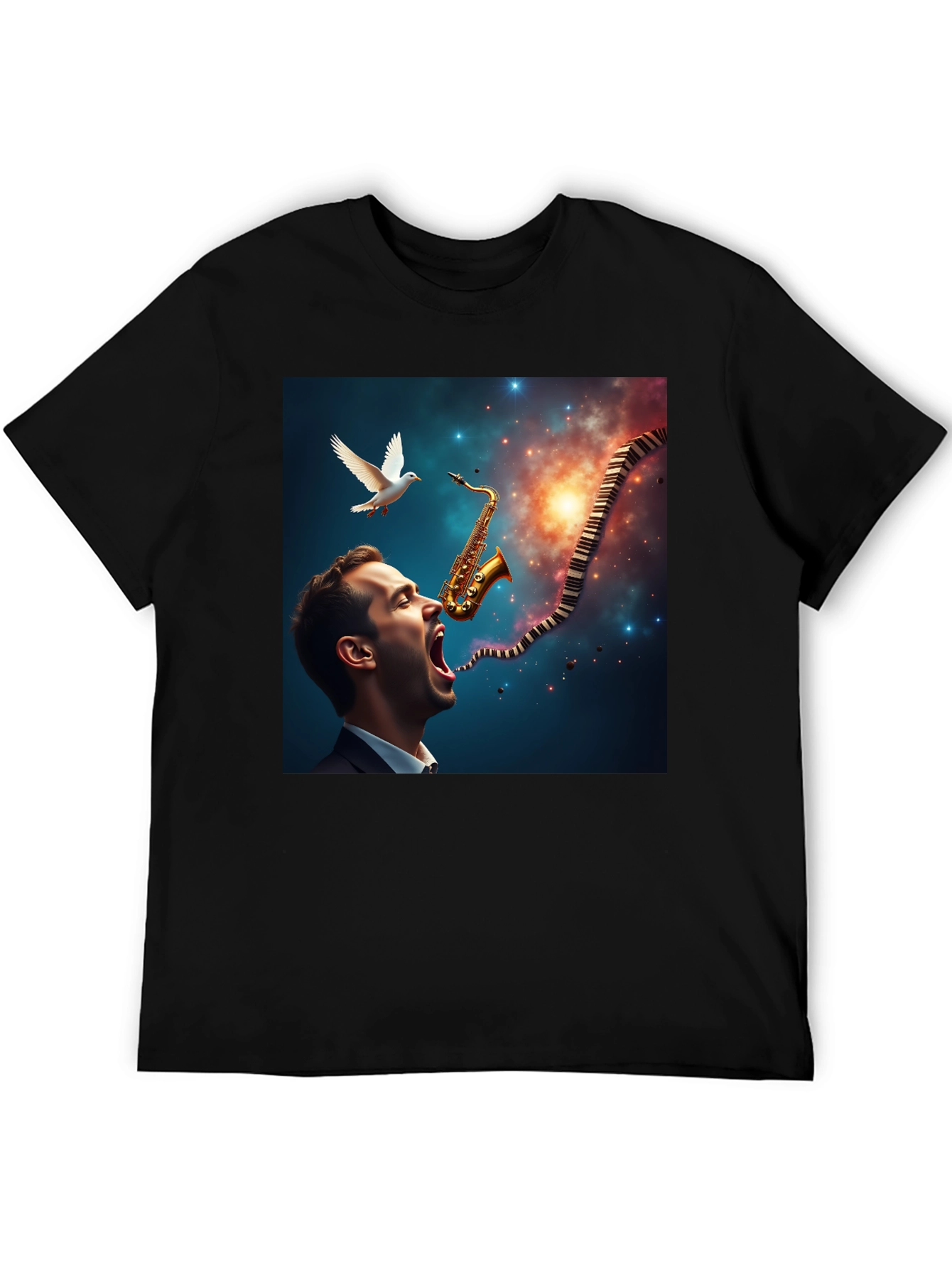 Black Jazz Harmony T-Shirt: Saxophone & Piano Keys Design view 5