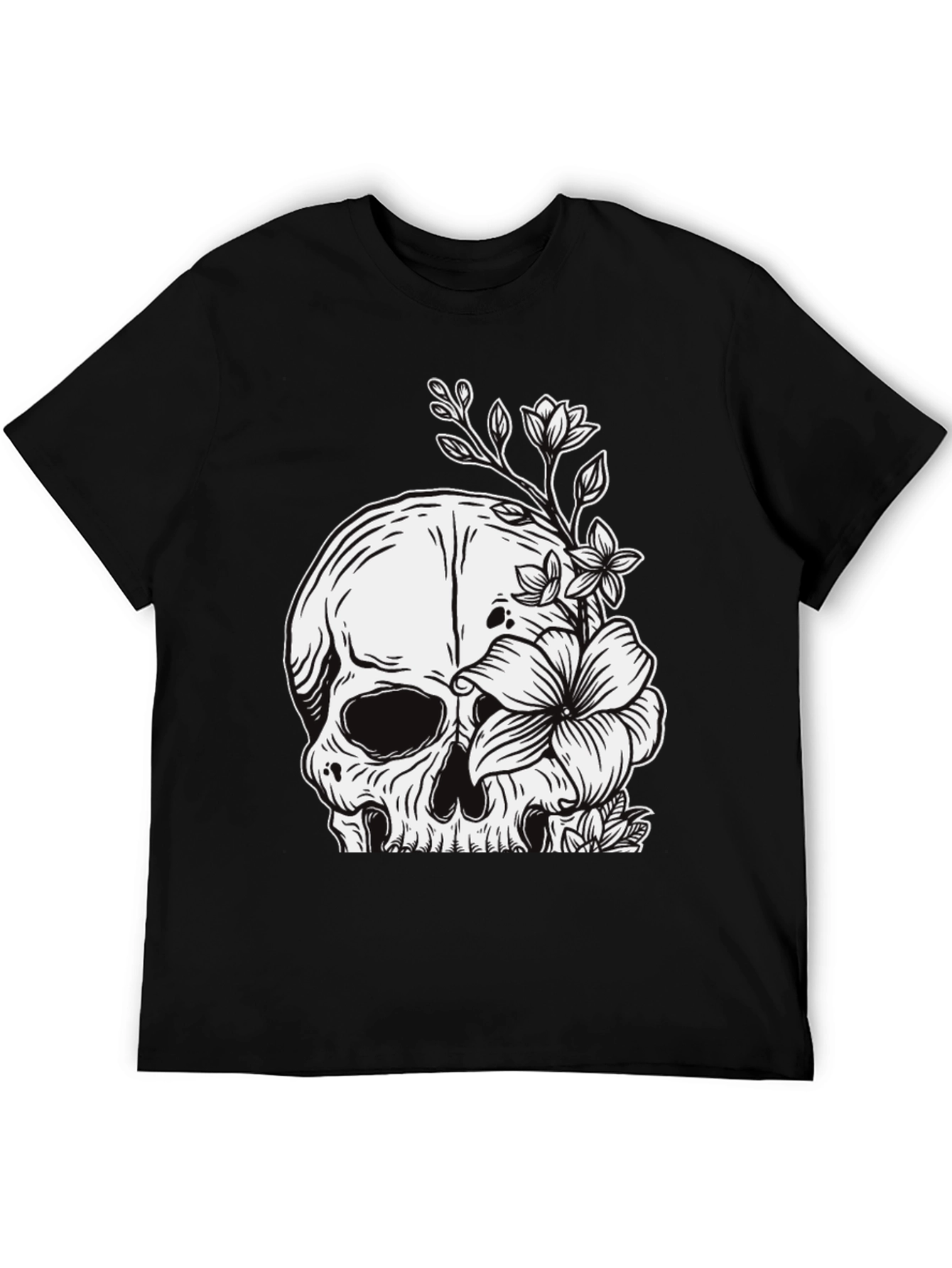 Black Skull & Flowers Graphic Tee - Black view 5