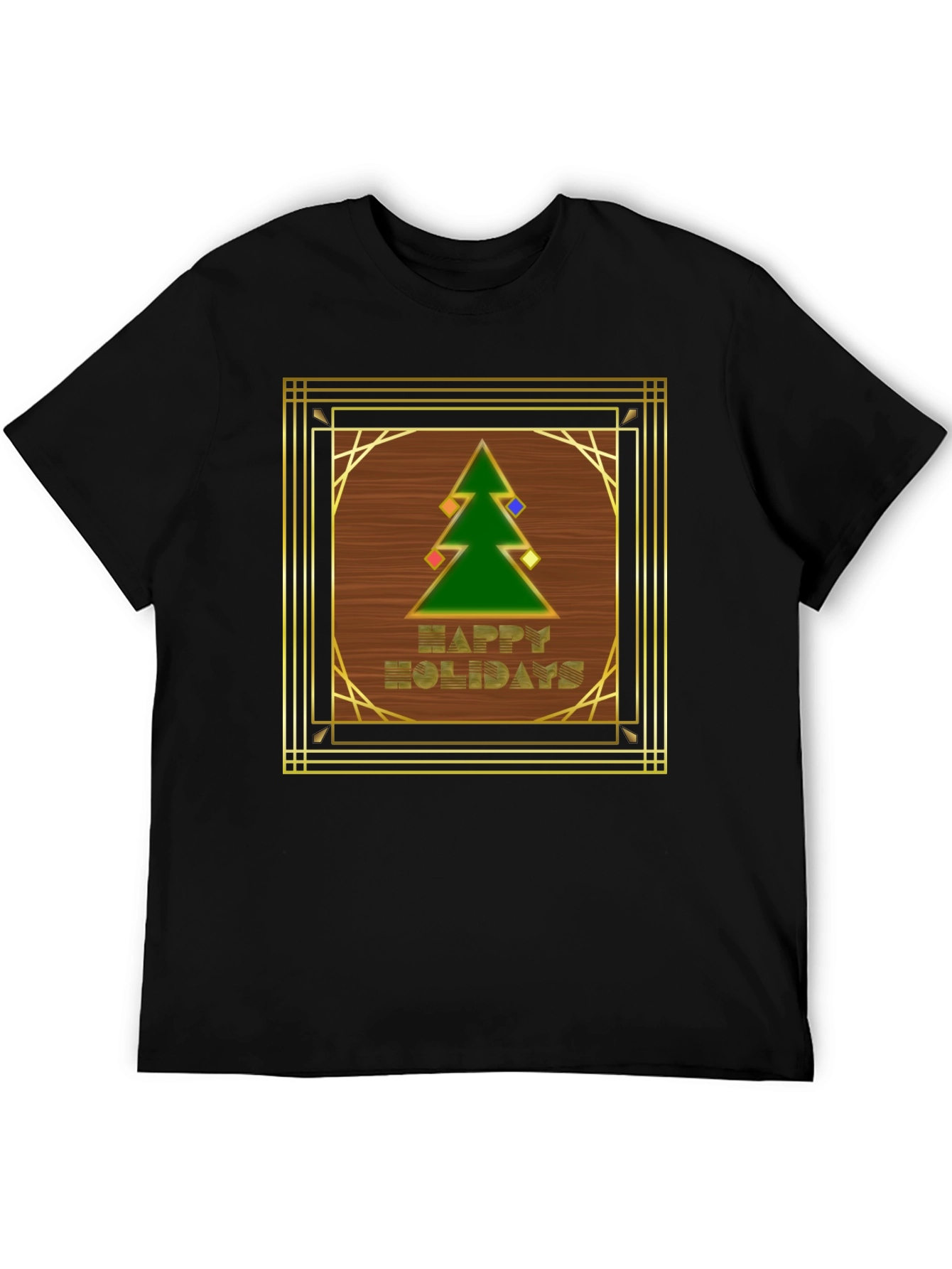 Black Art Deco Holiday T-Shirt - Happy Holidays Tree Design view 5