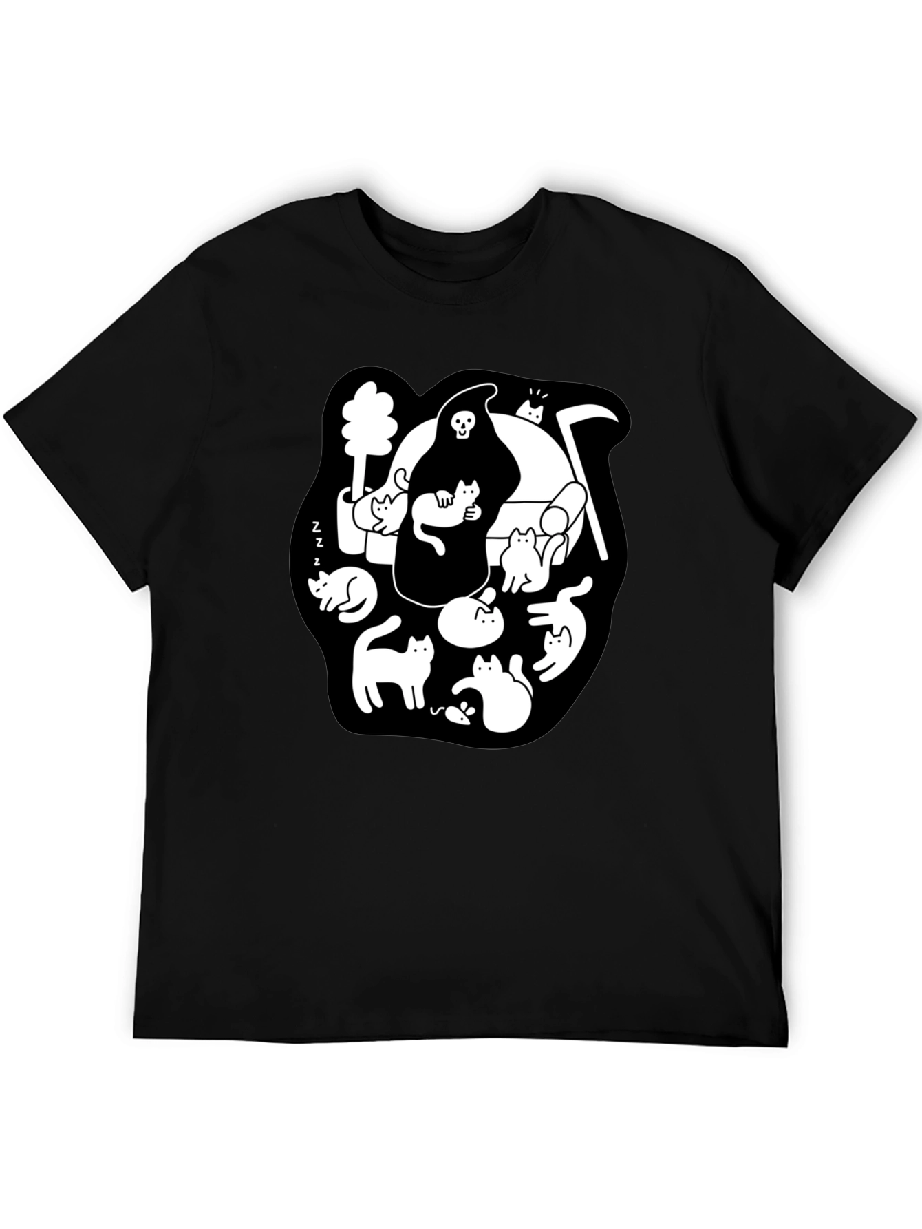 Black Grim Reaper & Cats Graphic Black T-Shirt view 5