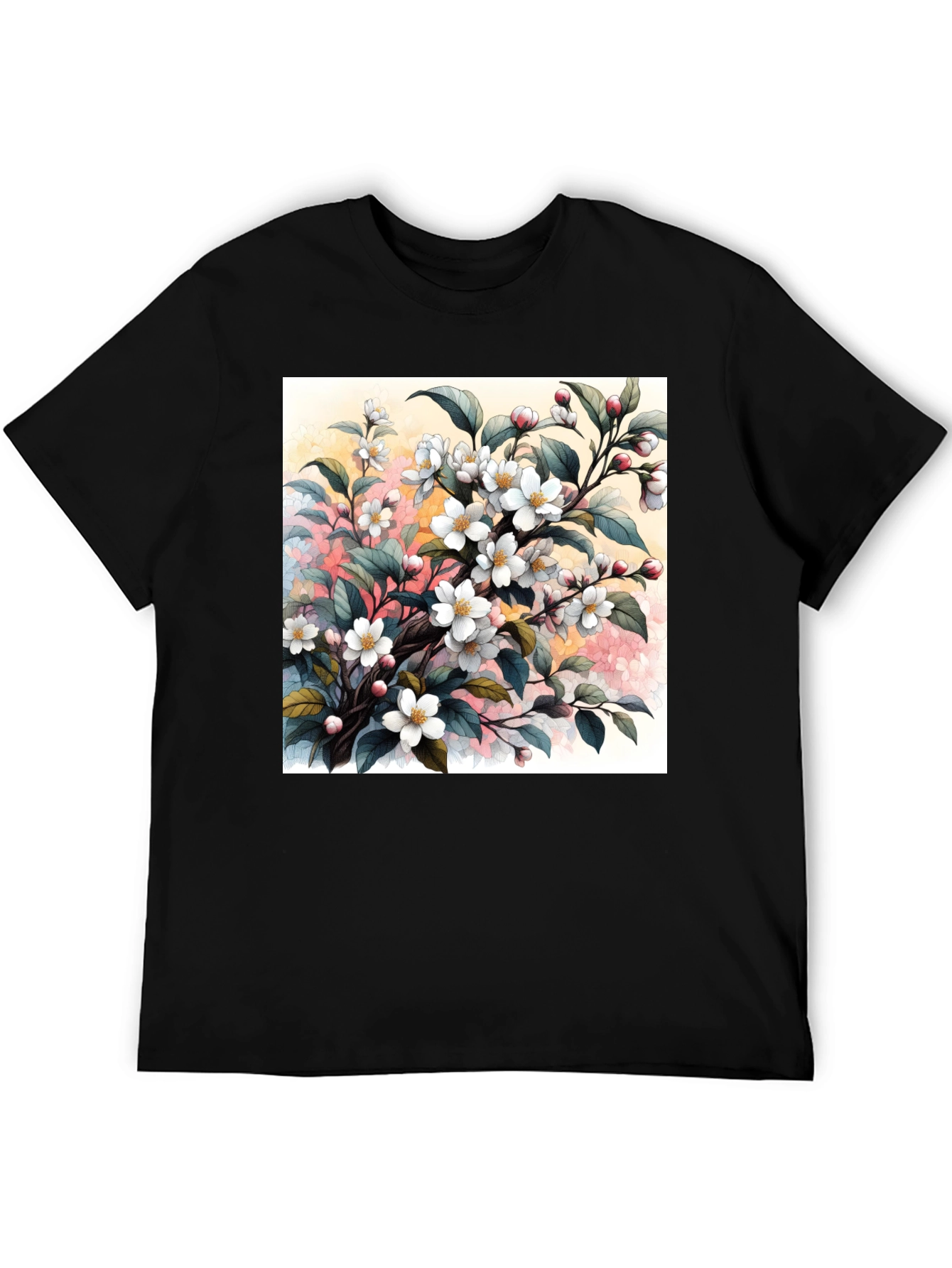 Black Floral Blossom T-Shirt - Artistic Botanical Design view 5