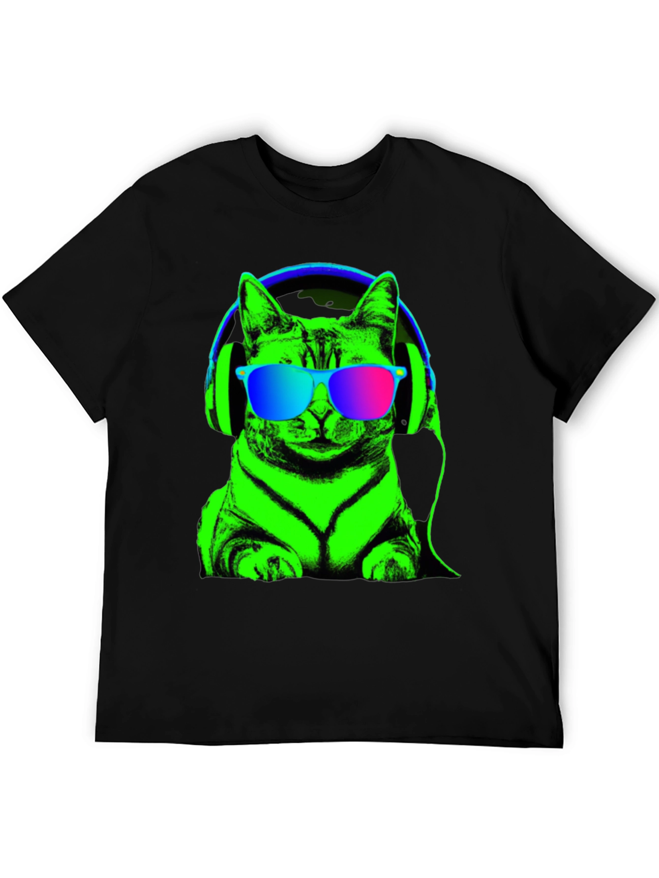 Black Cool Cat Tee: Neon Cat with Headphones T-Shirt view 5