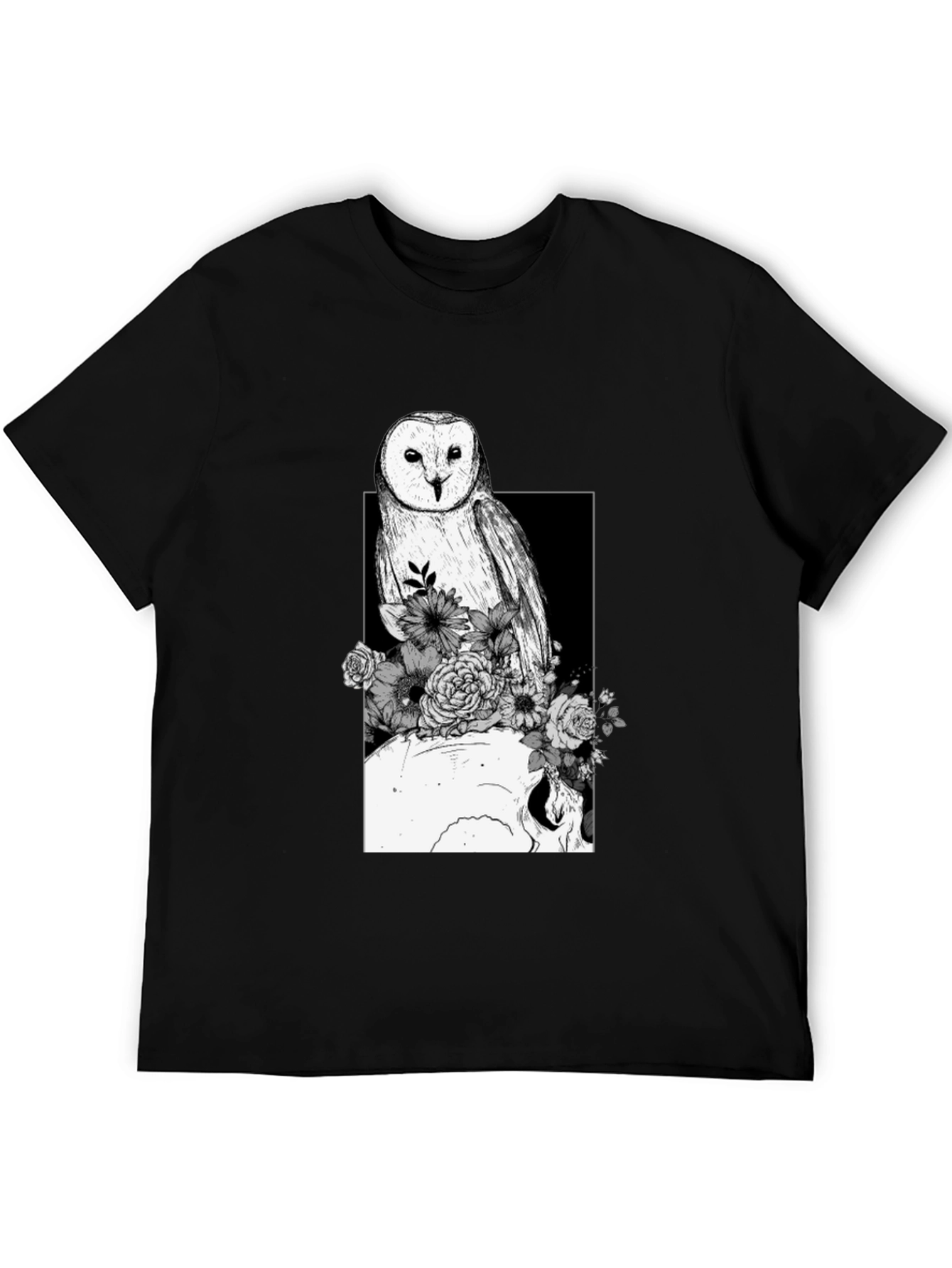 Black Owl Skull Floral Black Tee view 5