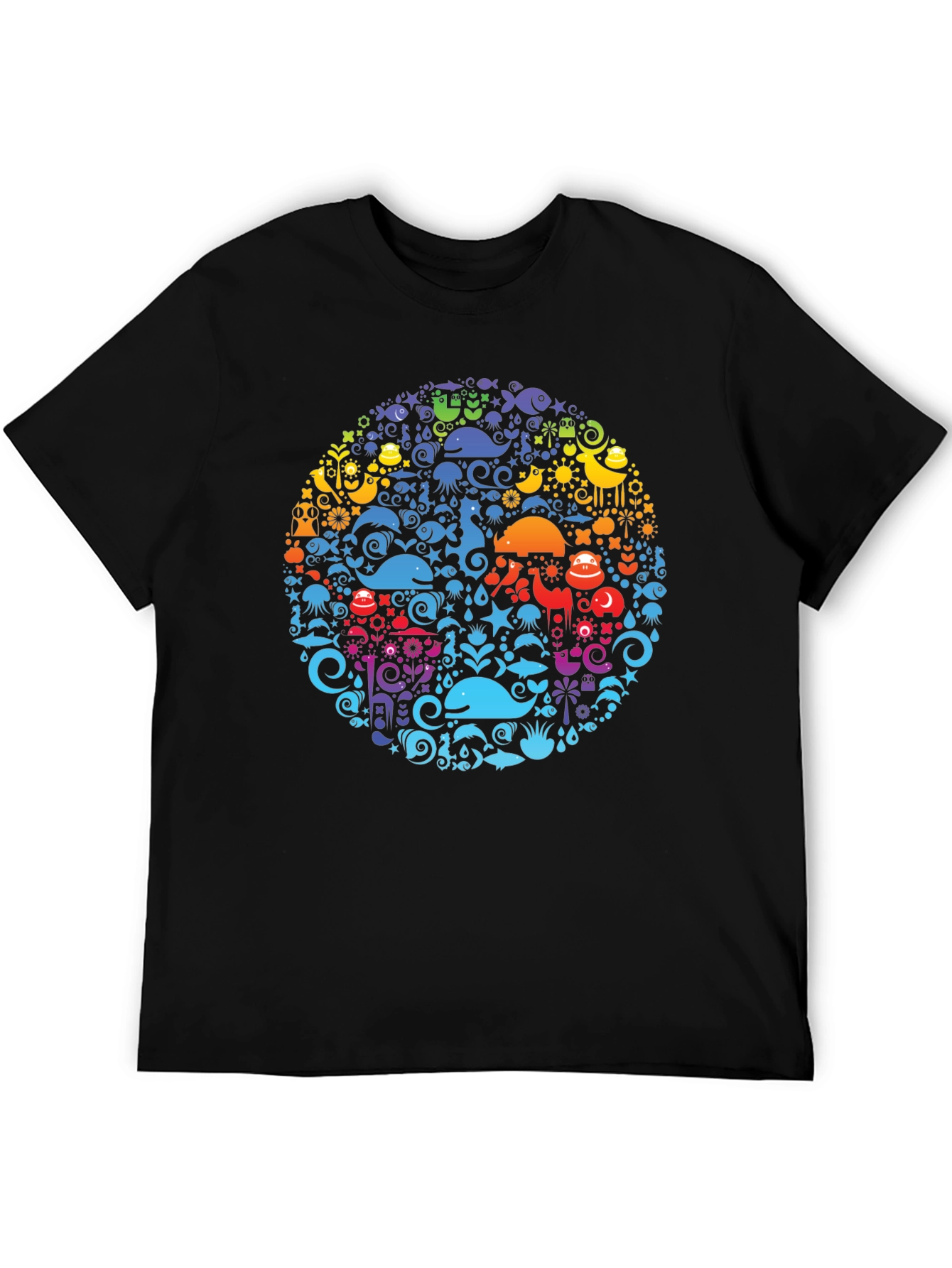 Black Tee with Colorful Aquatic Circle Design - 5