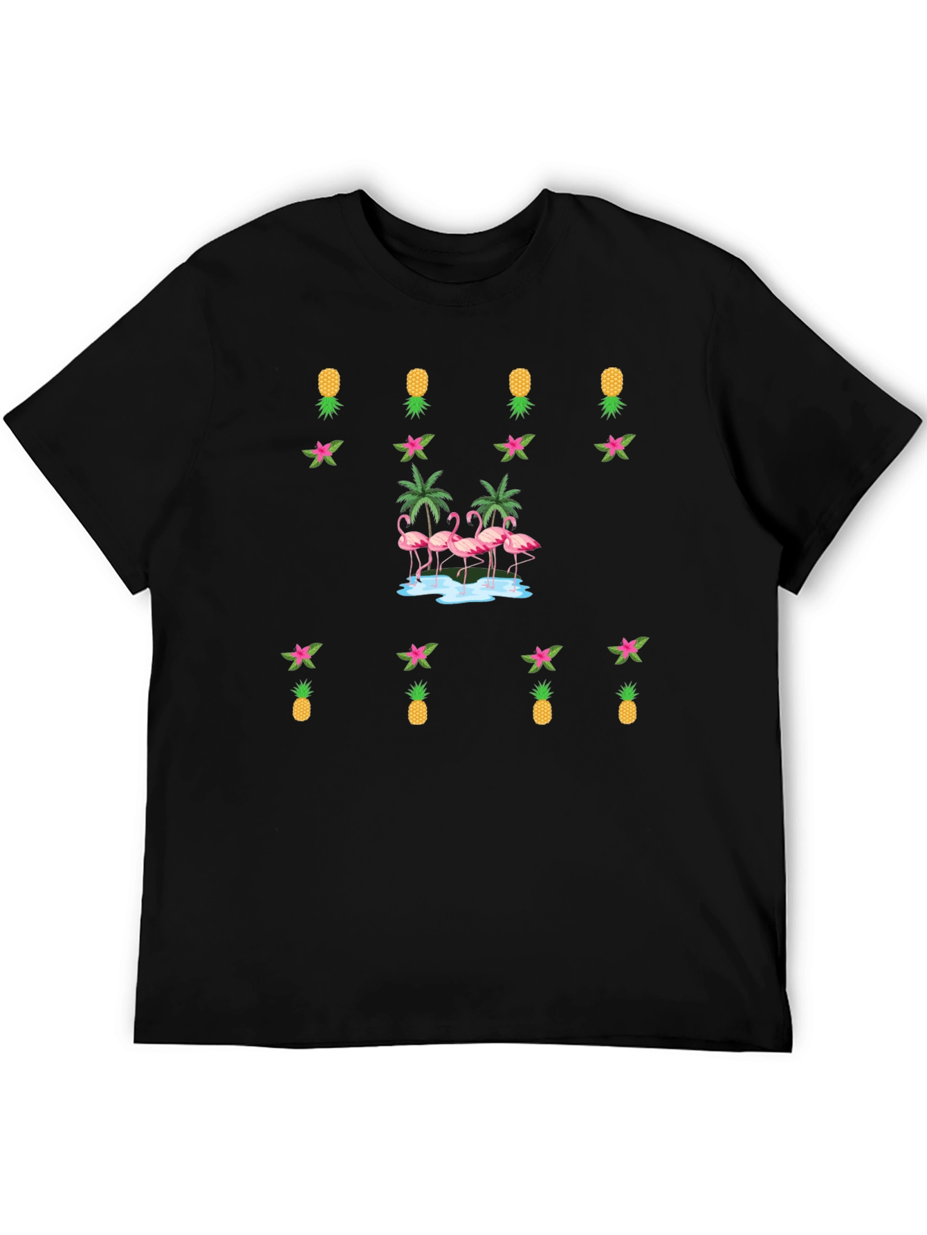 Black Tropical Flamingo & Pineapple Black T-Shirt view 5