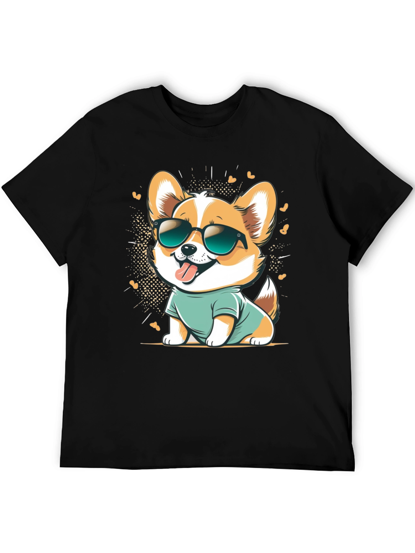 Black Cool Corgi Cartoon Graphic Tee - Black Cotton T-Shirt view 5