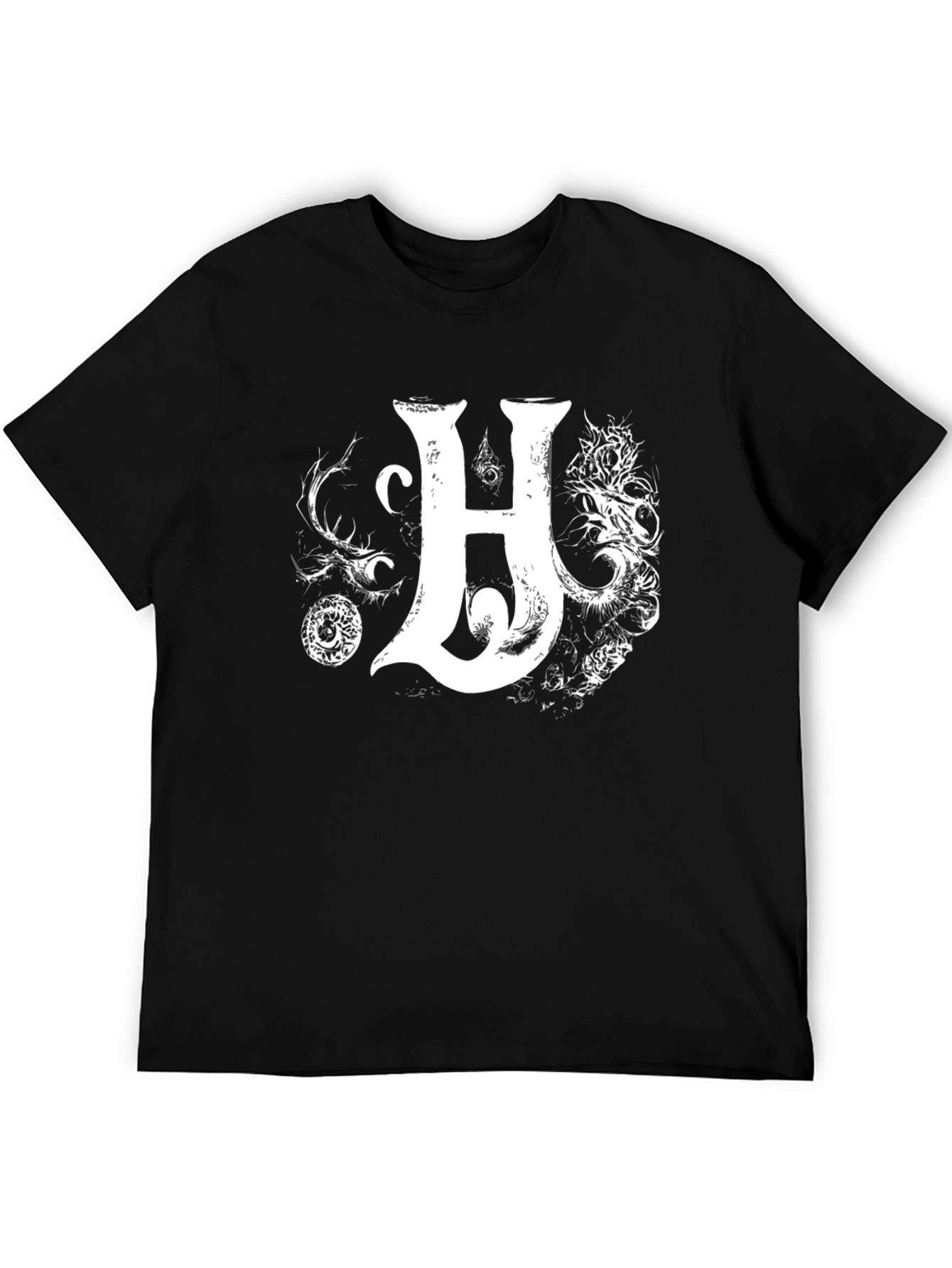 Black Men's Black T-Shirt with Intricate Letter H Design view 5