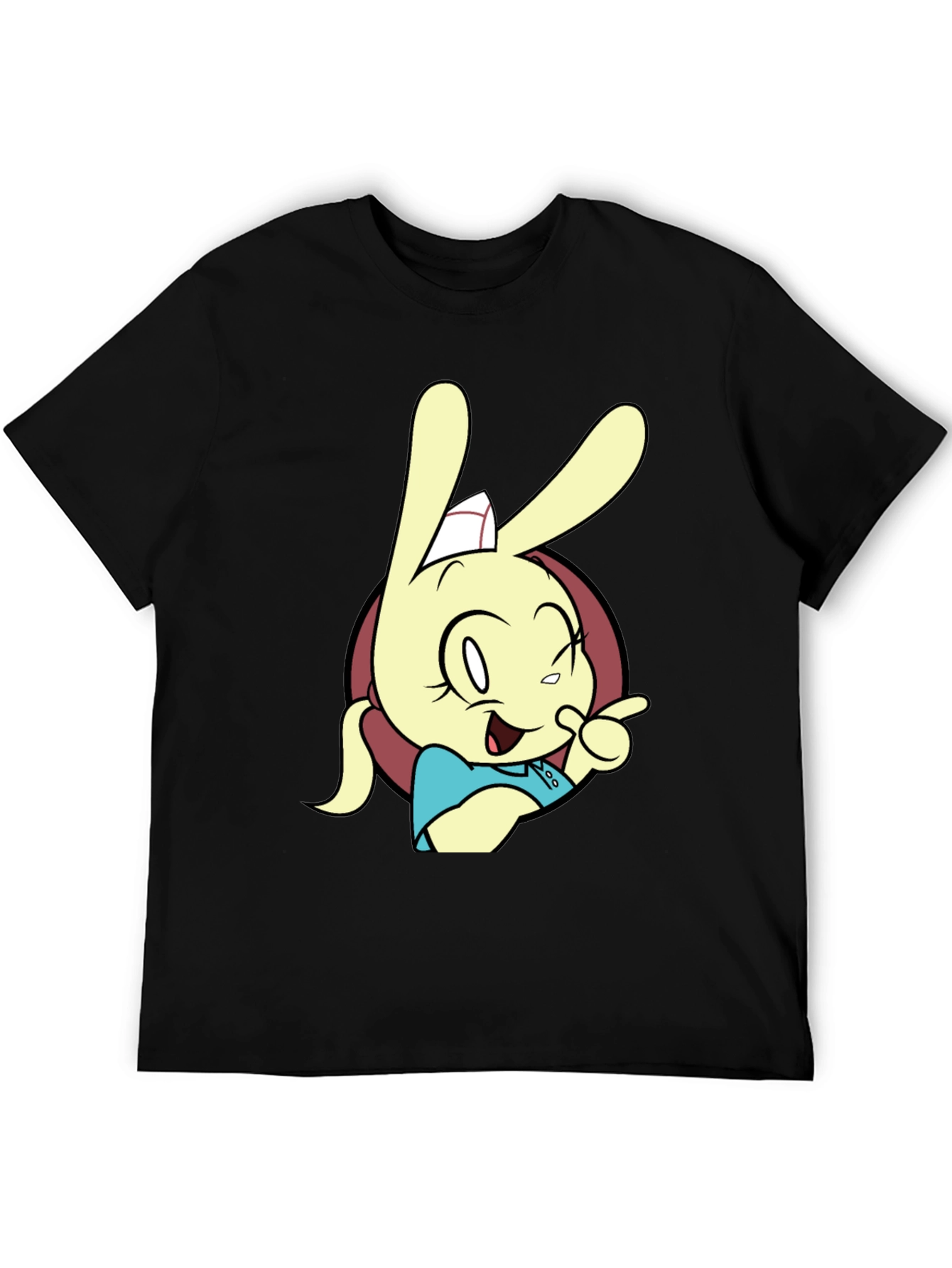 Black Cartoon Rabbit Graphic T-Shirt - Black view 5