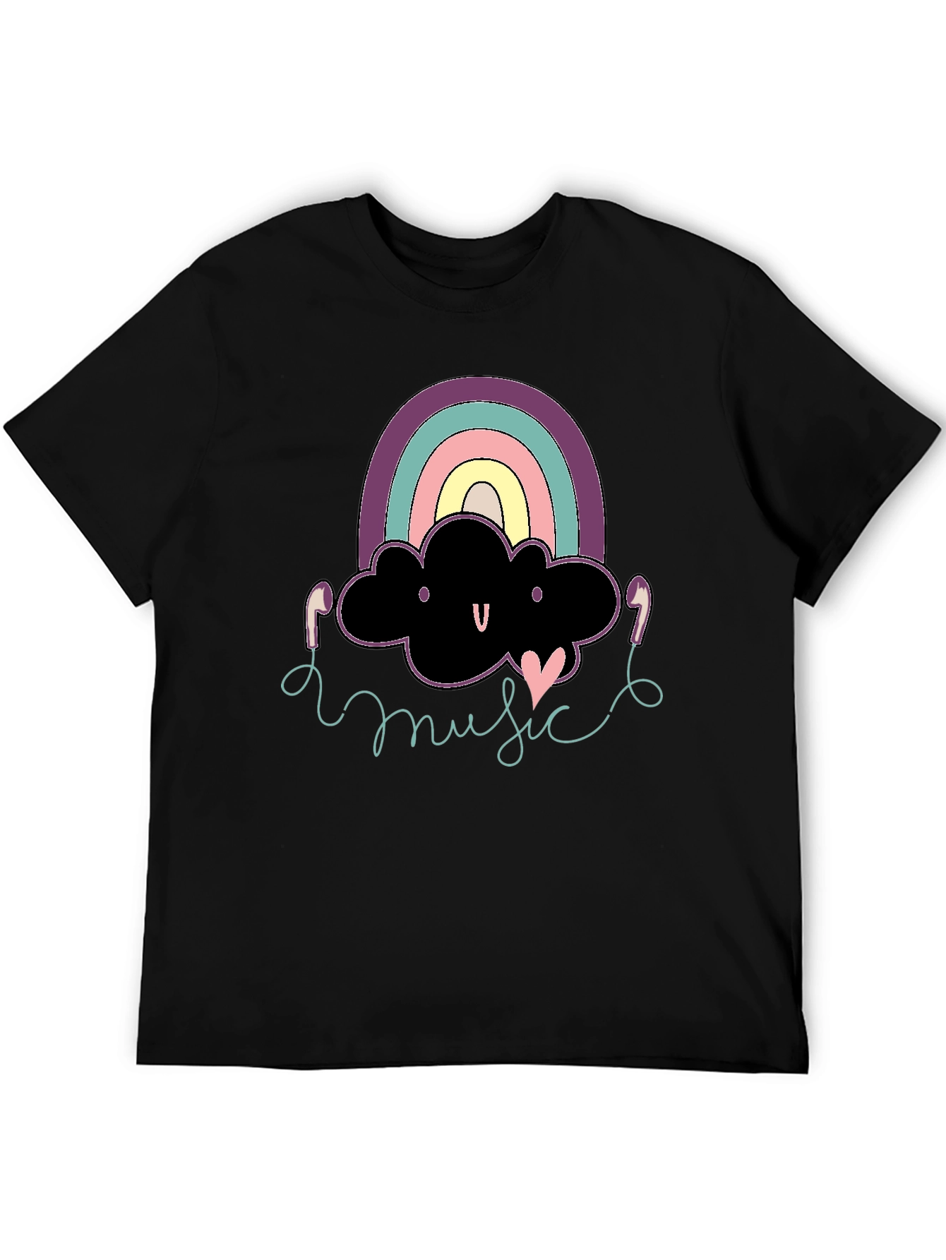 Black Rainbow Cloud Music T-Shirt Cute Design Black Cotton view 5