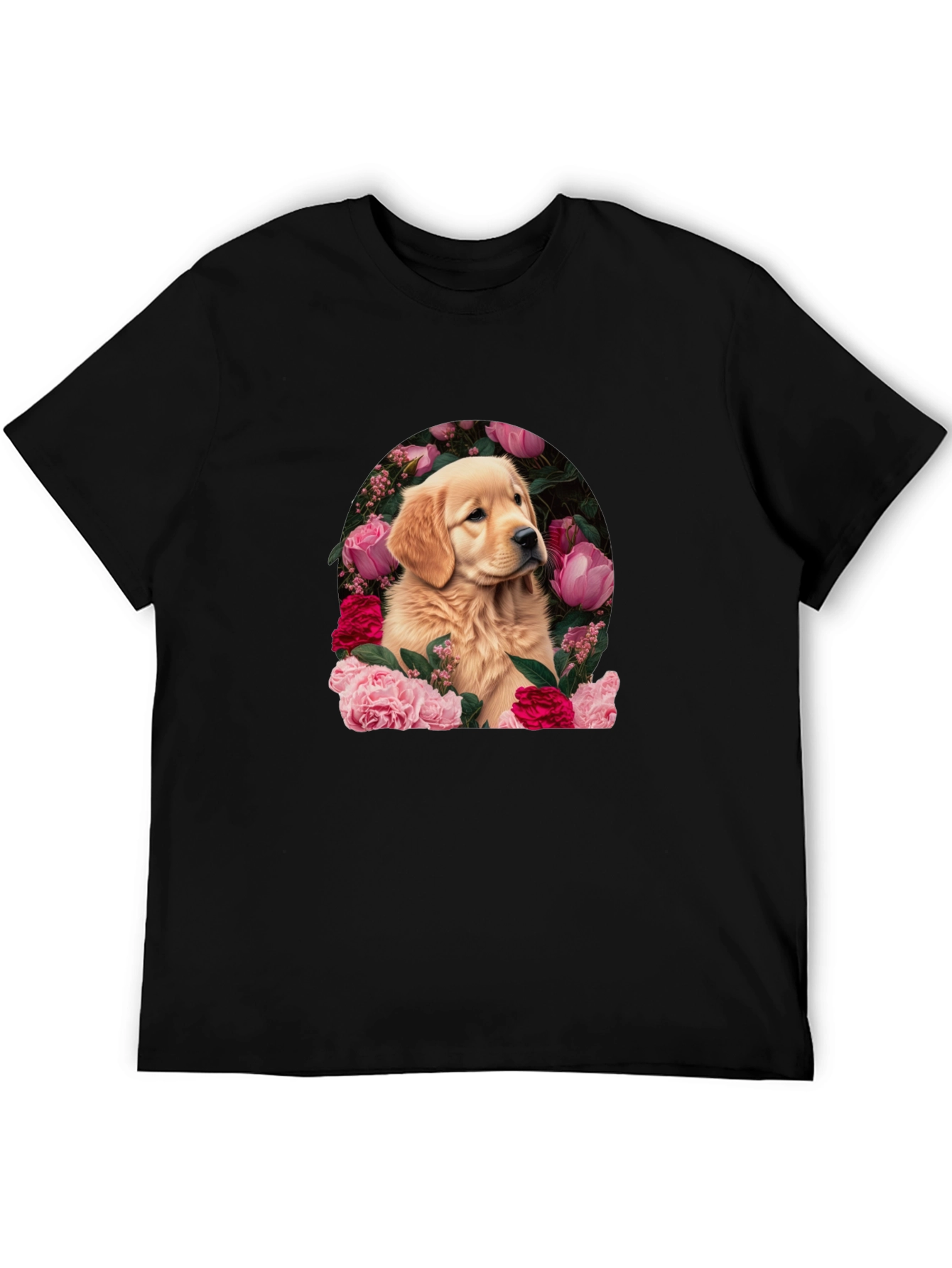 Black Golden Retriever & Floral Black T-Shirt view 5