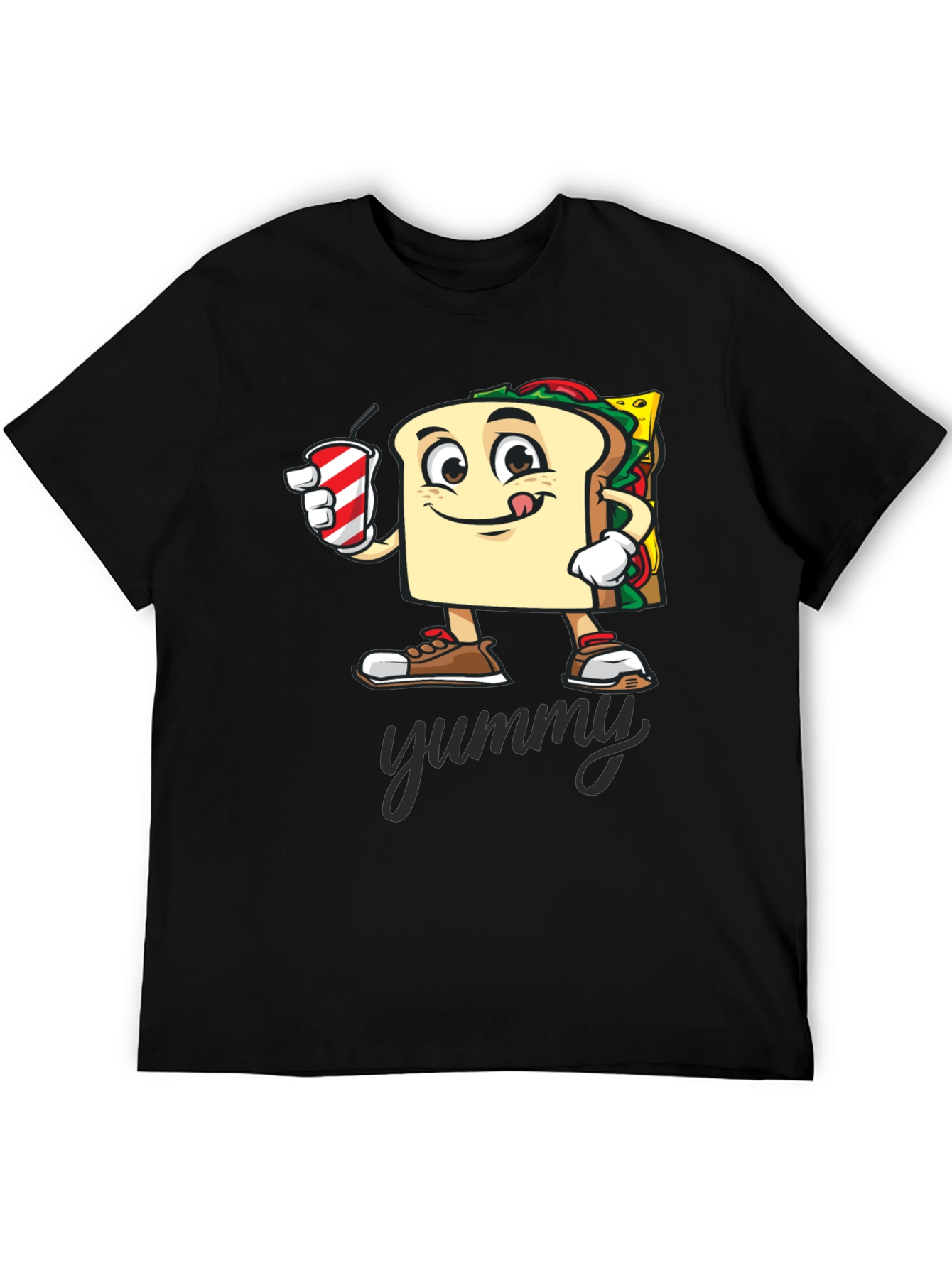 Black Sandwich Cartoon T-Shirt - "Yummy" Design view 5